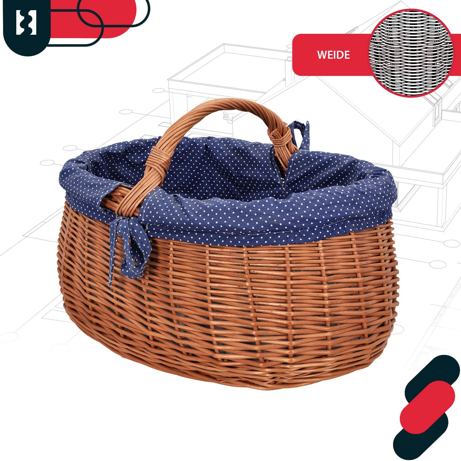 KOTARBAU® Weidenkorb mit Henkel - 47 x 31 x 32 cm - Korb mit Henkel - Einkaufskorb - mit Stoffeinlage in Blau - Pilzkorb - Erntekorb - Natürlich - Lebensmittelecht - Weide - Braun