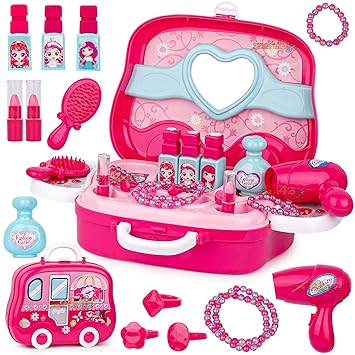 zest 4 toyz Beauty Makeup Kit for Doll Girls Pretend Play Cosmetic Set with Mirror Hair Dryer & Makeup Accessories Portable Role Play for Kids Girls - Pink ( 19 Piece)