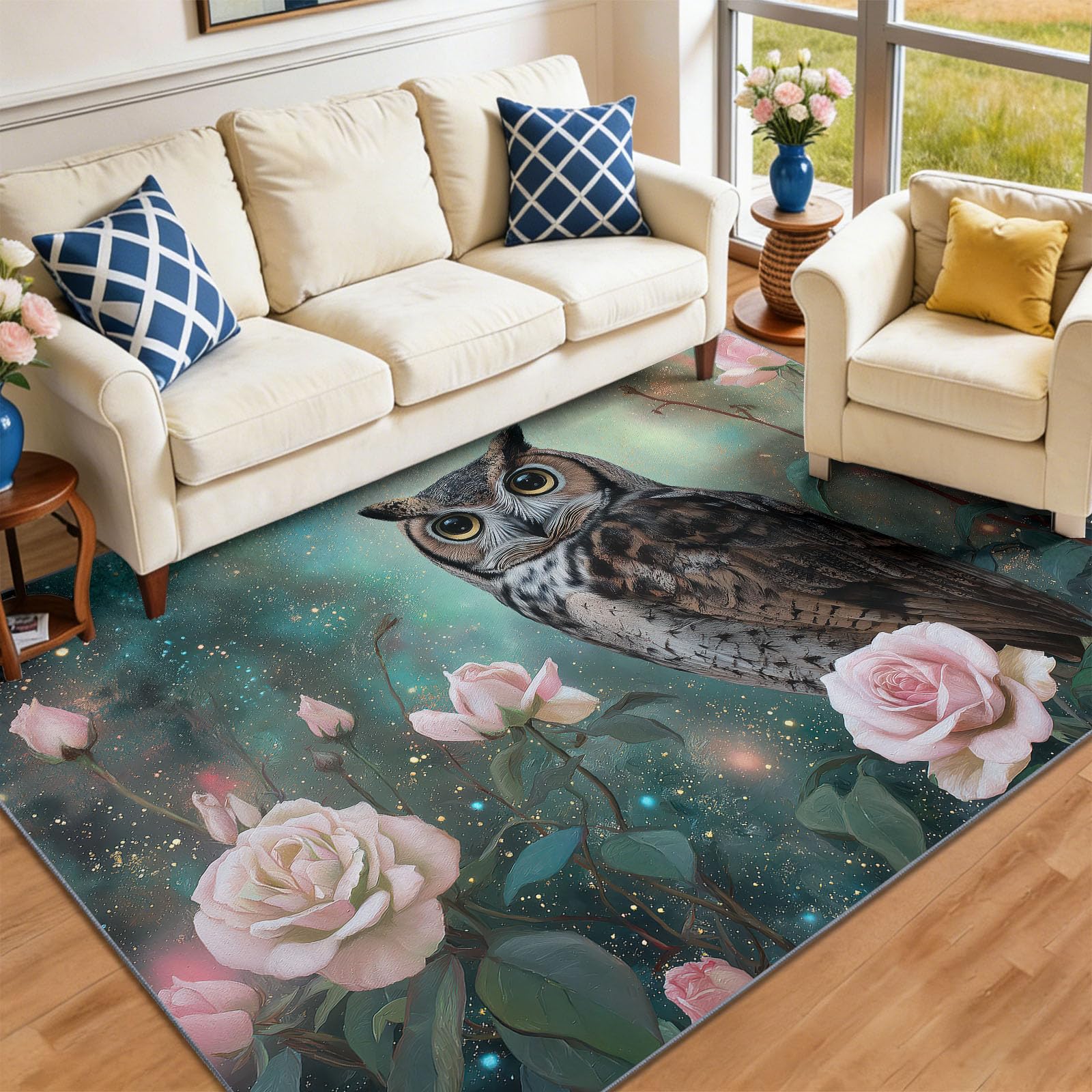Dywan do salonu, 160 x 230 cm, mistyczny wzór sowy i róż, dla nastolatków, chłopców i dziewczynek, antypoślizgowy, flanelowy dywan z krótkim włosiem, bardzo miękki, łatwy w pielęgnacji, kolorowy