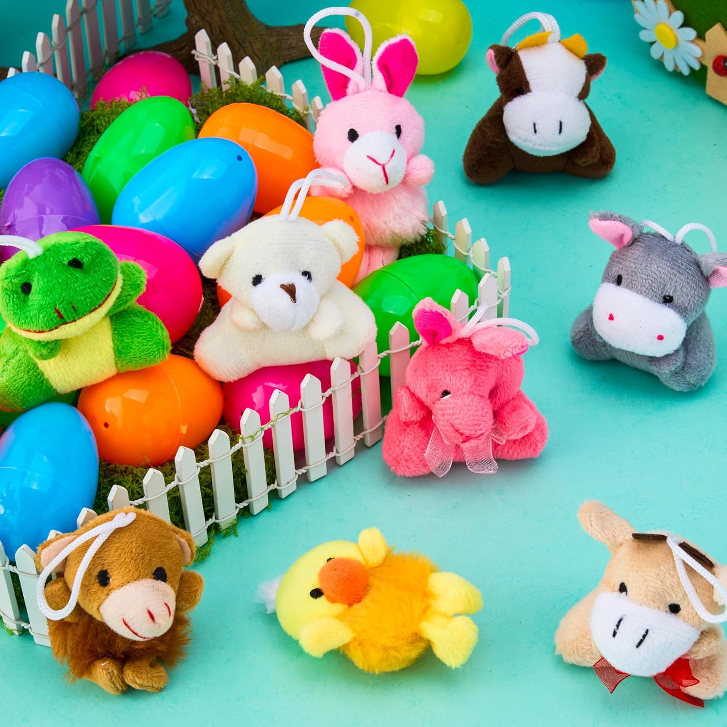 JOYIN 12 Pcs Prefilled Easter Eggs with Plush Toys, Plastic Eggs Filled with Mini Stuffed Plush Toys, Basket Stuffers for Toddlers, Easter Egg Hunt, Party Favors, Classroom Prizes for Kids