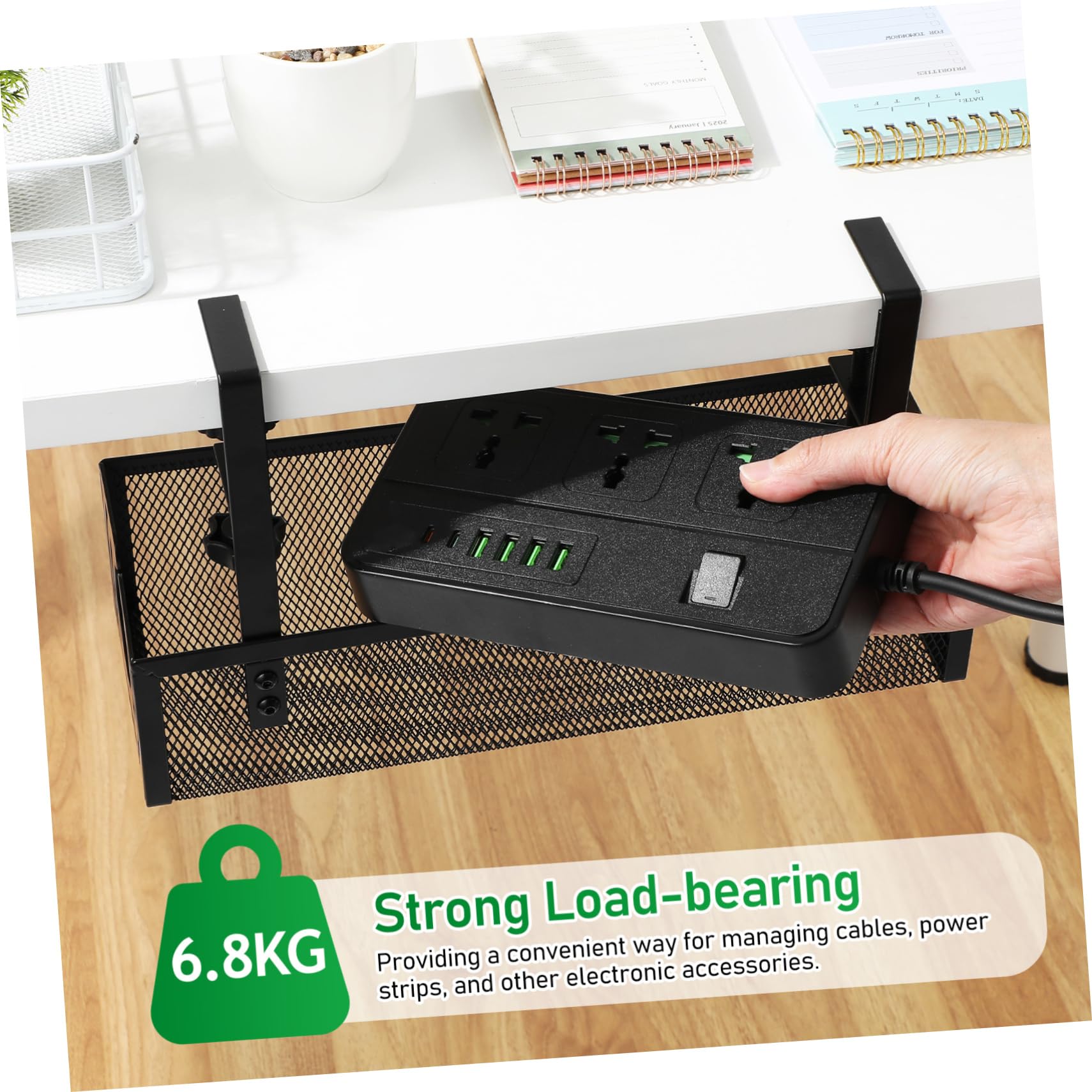 Bandeja de Gestión de Cables Debajo del Escritorio de Hierro Negro | Abrazadera Diseño Inferior, Pad Antideslizante y Tornillo Roscado, Uso Versátil en Casas y Gaming
