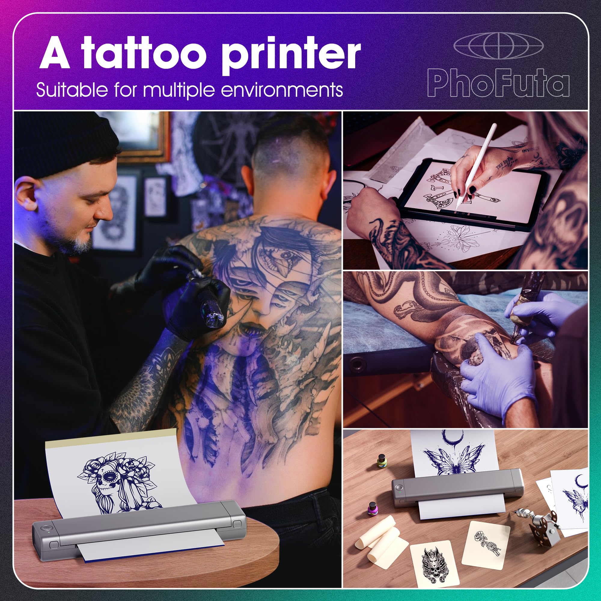 Tattoo Drucker Stencil Drucker mit 10 Blatt Stencil Papier für Tattoo Maschine Set, Thermodrucker Tattoo Kompatibel mit IPad & Telefon & PC für Tattoo Künstler und Anfänger DIY Tattoos, Grau