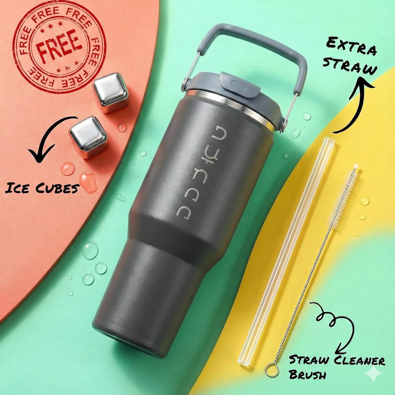 DUNAA 40 oz Insulated Tumbler with Handle & Straw | Grey Stainless Steel Vacuum Insulated Travel Mug with Lid, Leakproof & BPA-Free, Keeps Drinks Cold for 12 Hours and Hot for 6 Hours