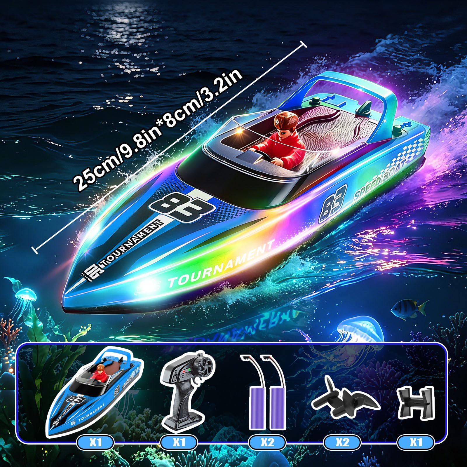 YOOHBERRYS Barca Telecomandata con Luce LED, 2,4 GHz Barca RC per Bambini Adulti, Motoscafo Elettrico 15+ KMH per Piscine e Laghi (Blu)