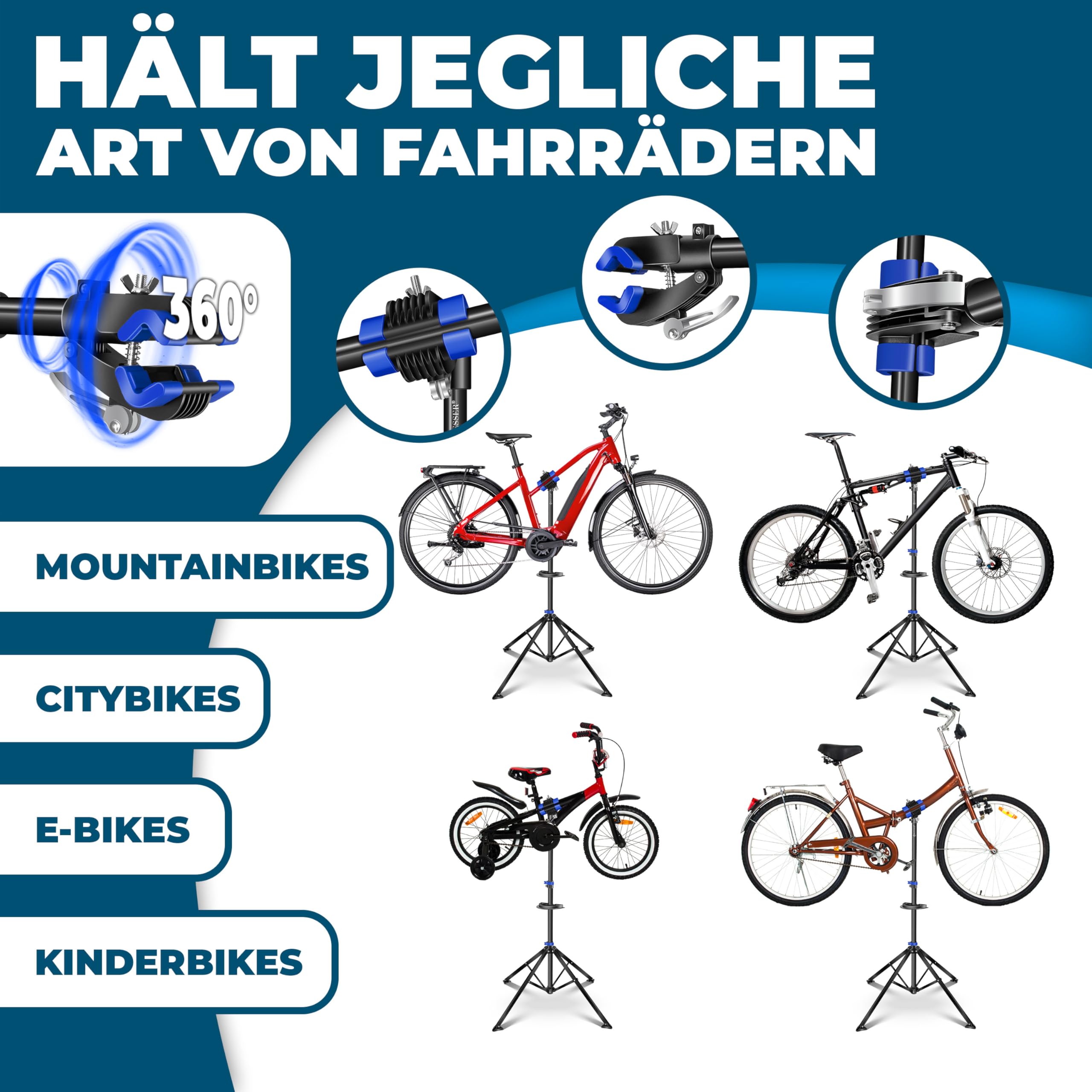 KESSER® Cavalletto per riparazioni di biciclette Cavalletto per riparazioni professionali Cavalletto per biciclette + borsa Cavalletto per riparazioni di biciclette fino a 50 kg, blu