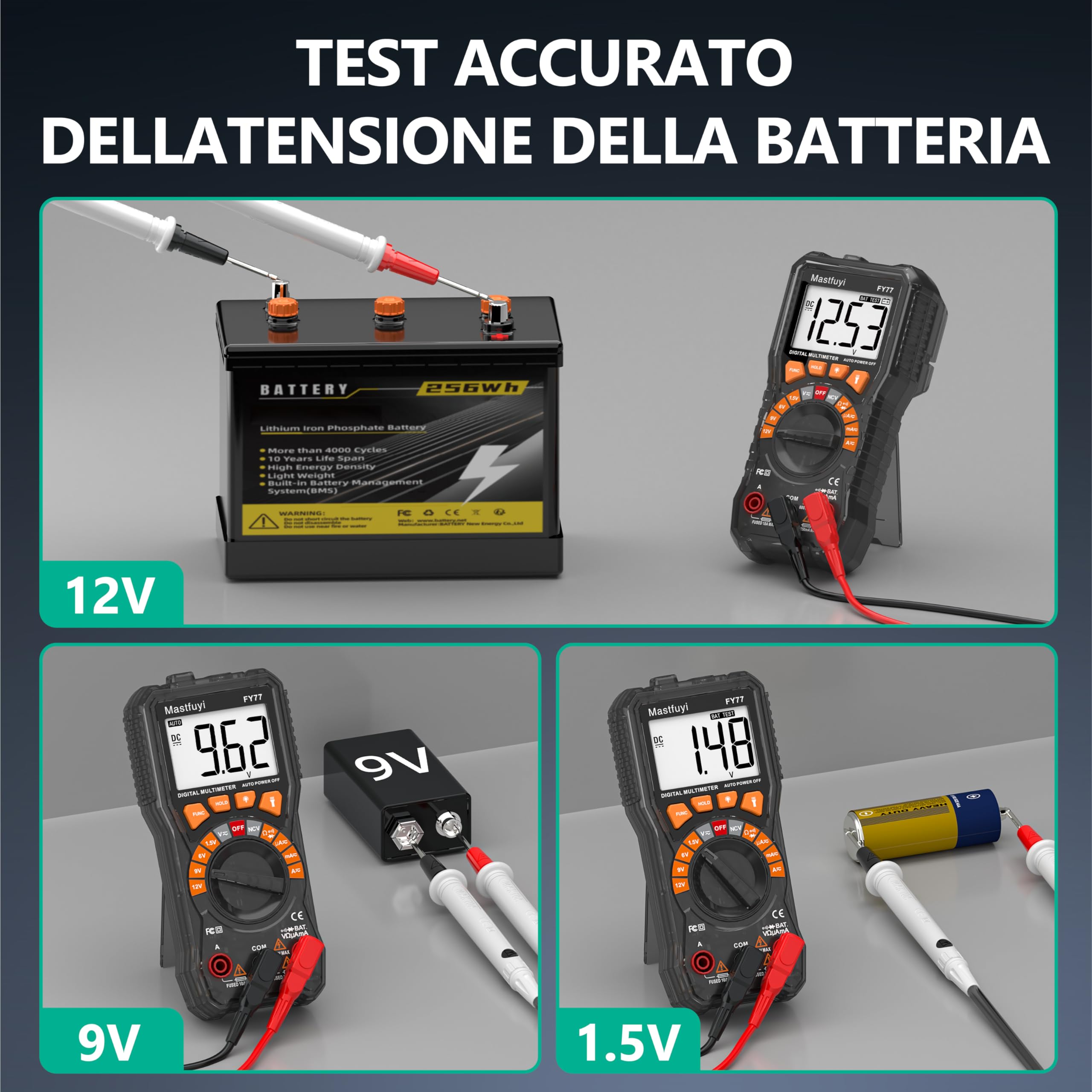 Multimetro Digitale, Tester multiplo con NCV, Test di Gamma Automatico, Tester per Batterie, Conta il Vero RMS 2000, Corrente AC/DC, Tensione AC/DC, Continuità, Resistenza, Diodo