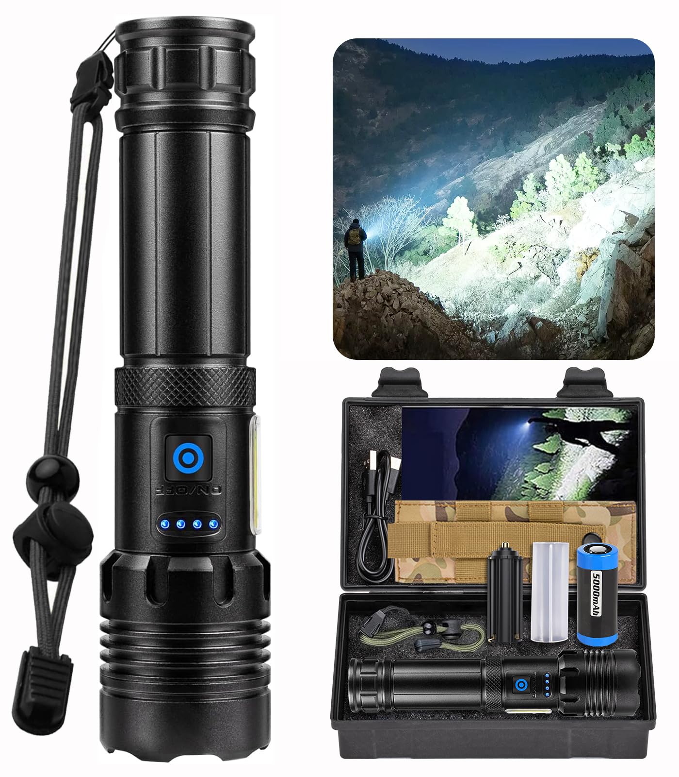 Taschenlampe LED Aufladbar – 20000 Lumen, Zoombar, 7 Lichtmodi | IPX5 Wasserdicht, Mit 5000 MAh Akku Für Camping, Wandern, Outdoor