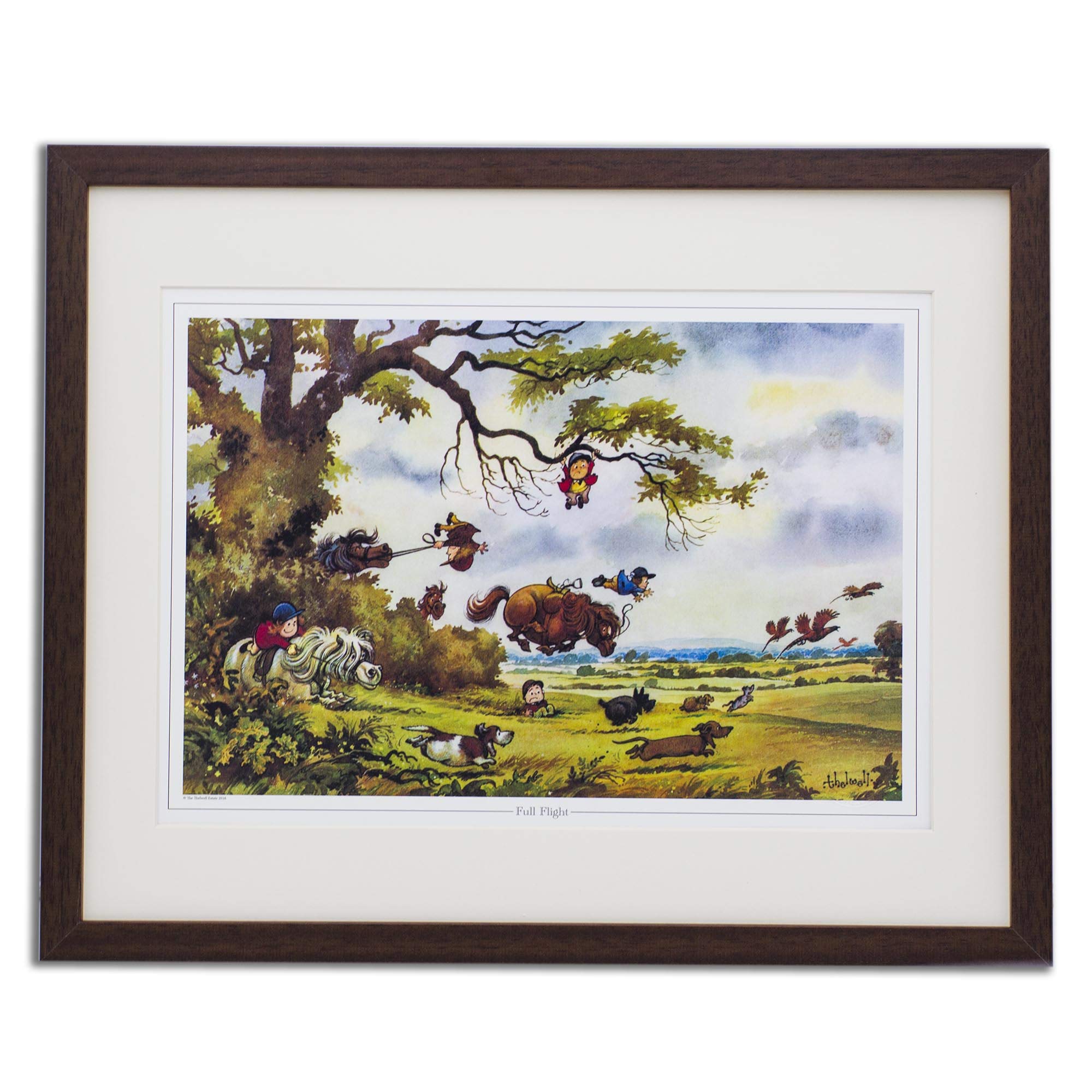 Thelwell White Framed Cartoon Pony Print. Full Flight