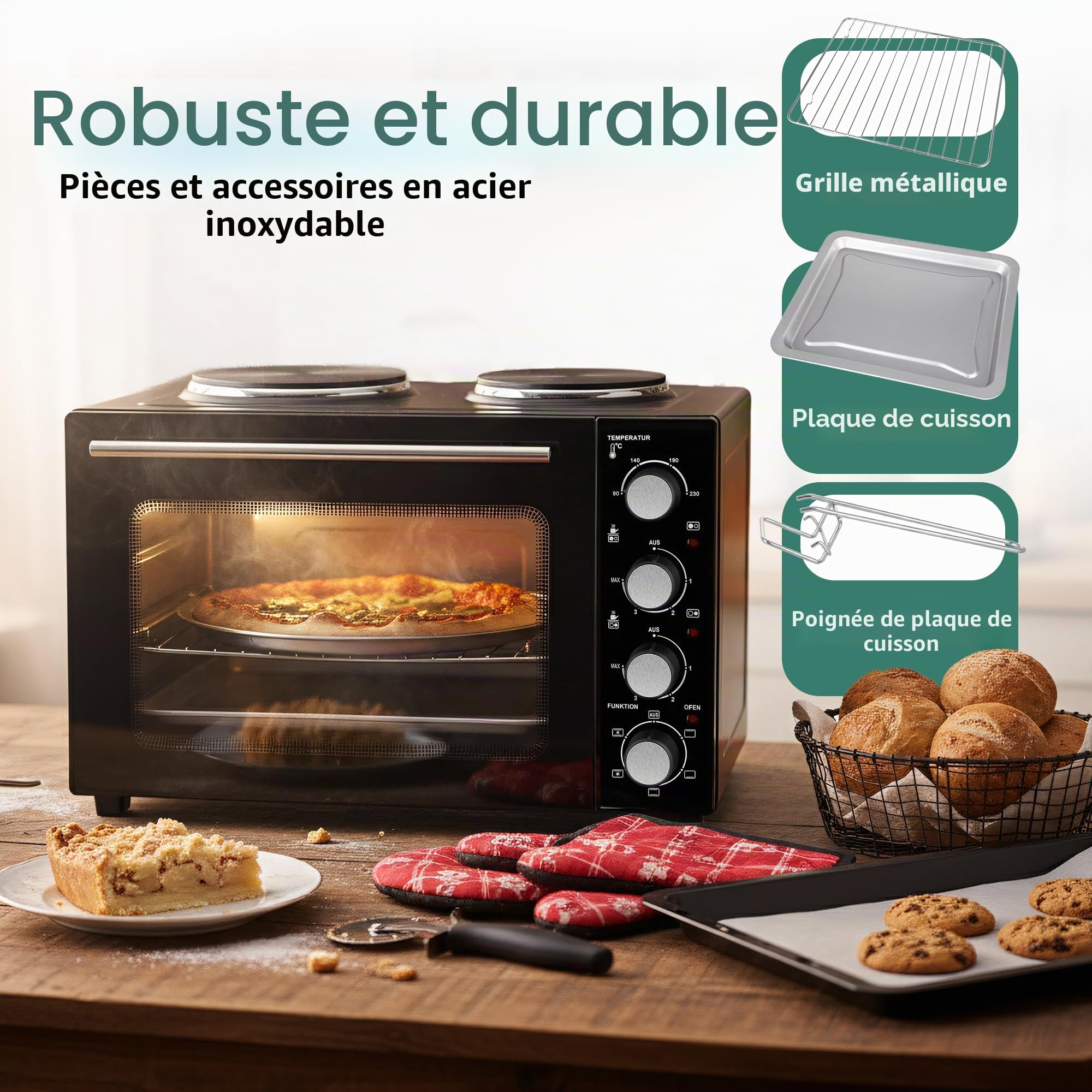 EMERIO MO-125236.4 Four de 32 litres + 2 plaques de cuisson | Chaleur tournante + chaleur de voûte et de sole | Minuterie + régulateur de température | Plaque de cuisson et grille de cuisson | Four de