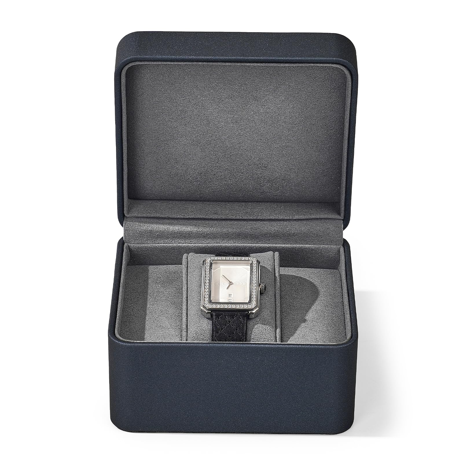 Papten Leather Single Watch Box Watch Travel Case Wristwatch Holder Storage Box Round Edge Jewelry Travel Case With Removable Pillow Microfiber Interior (Dark Grey)