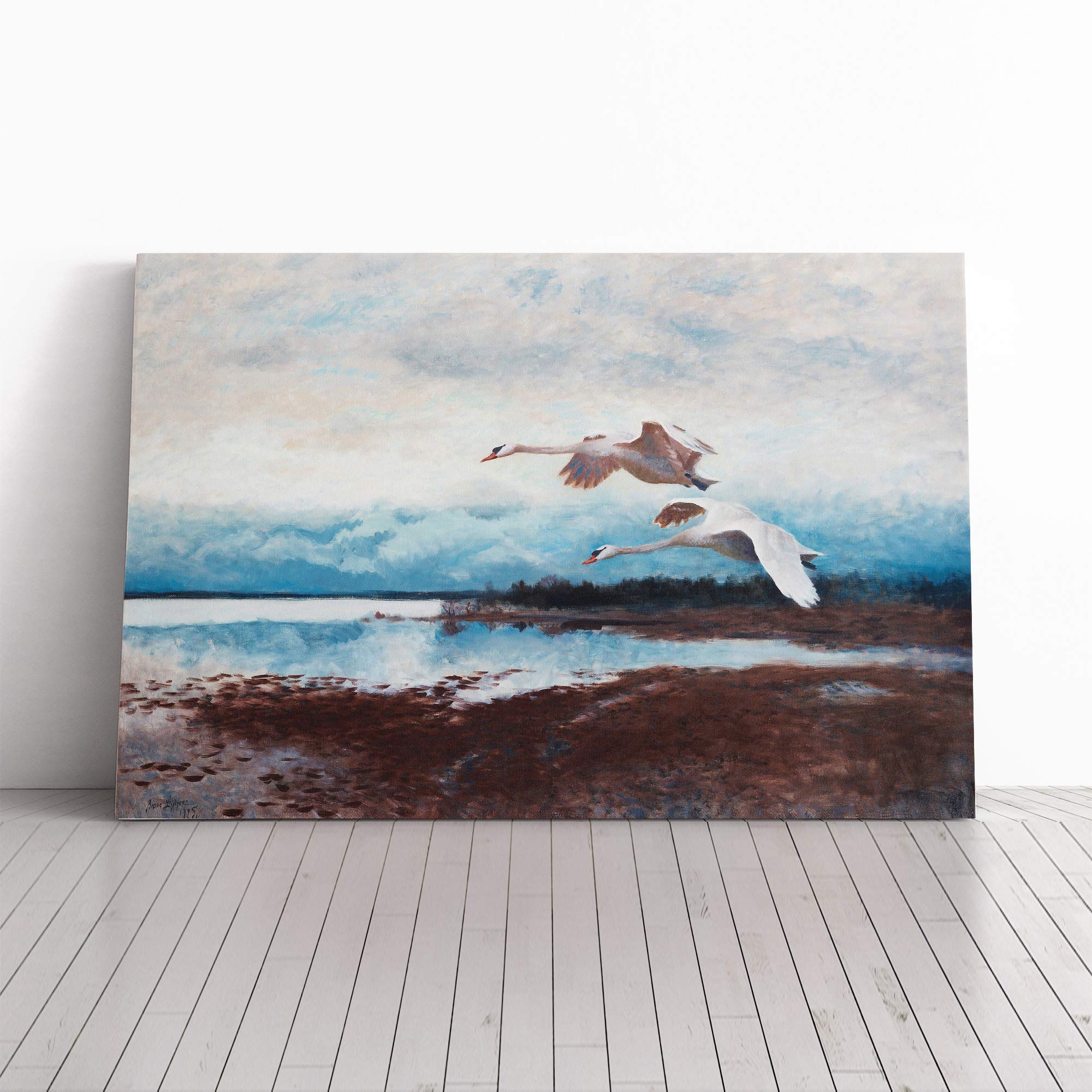 Bruno Liljefors Swans in Flight Canvas Print | Gallery Wrapped 30mm Frame Wall Art | 24x16 inches | Ready to Hang | Modern Bird Picture | Living Room Bedroom Lounge Office