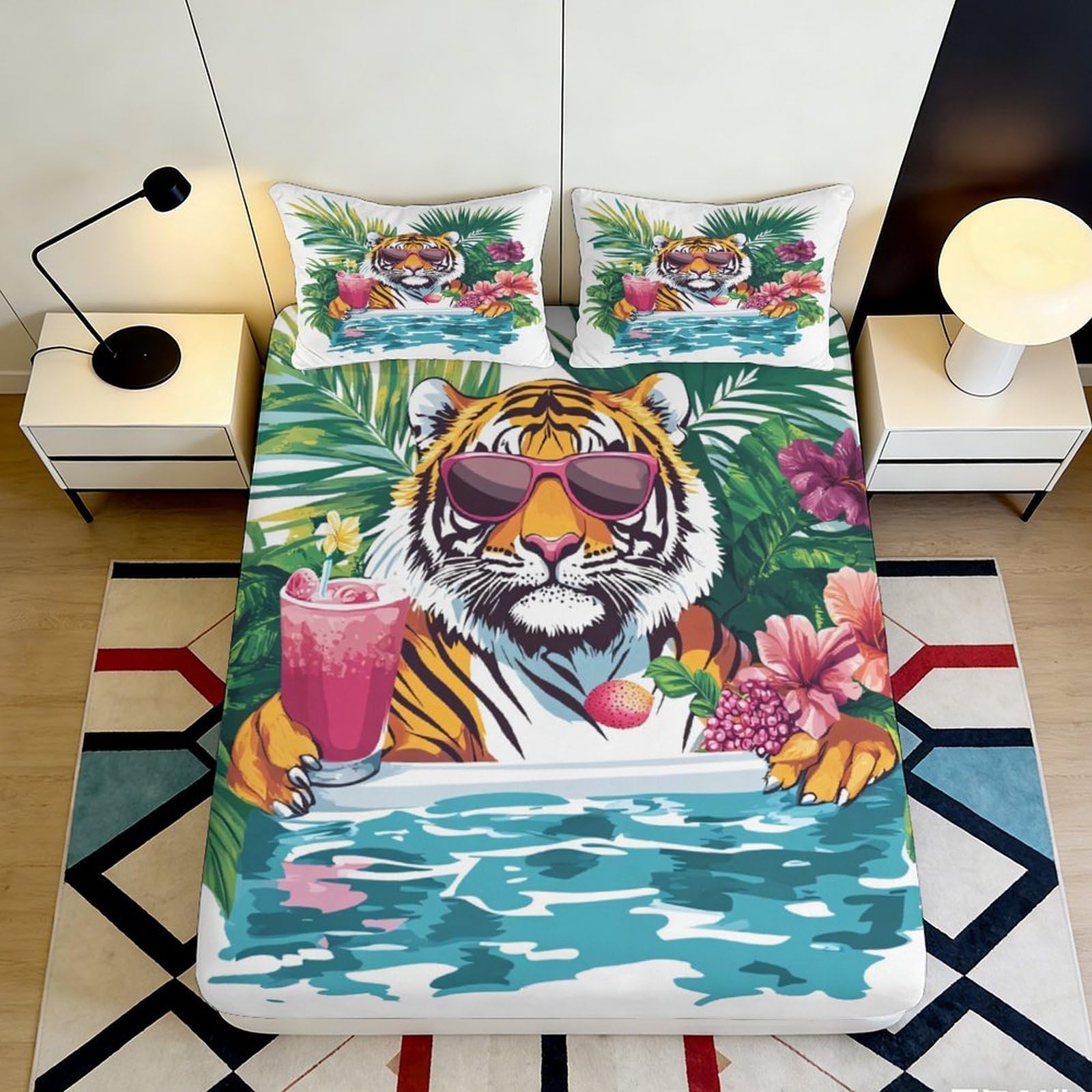 Pnayamiorkfel Style-1 3D Printed Tropical Tiger Pool Party Fitted Sheet Microfiber Soft Vibrant Jungle Drink Bed Sheet For Bedroom Guest Room Decor 90X200x25cm