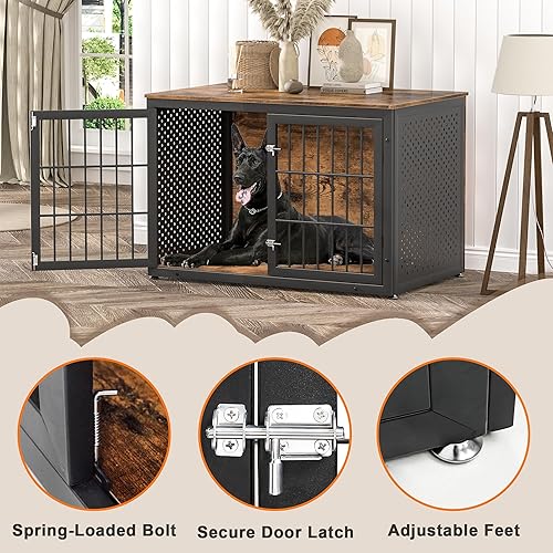 Miniatura 5 de Mueble rústico resistente de 48 pulgadas para perros extra grandes, perrera de metal para perros con alta ansiedad, muebles de jaula de madera para
