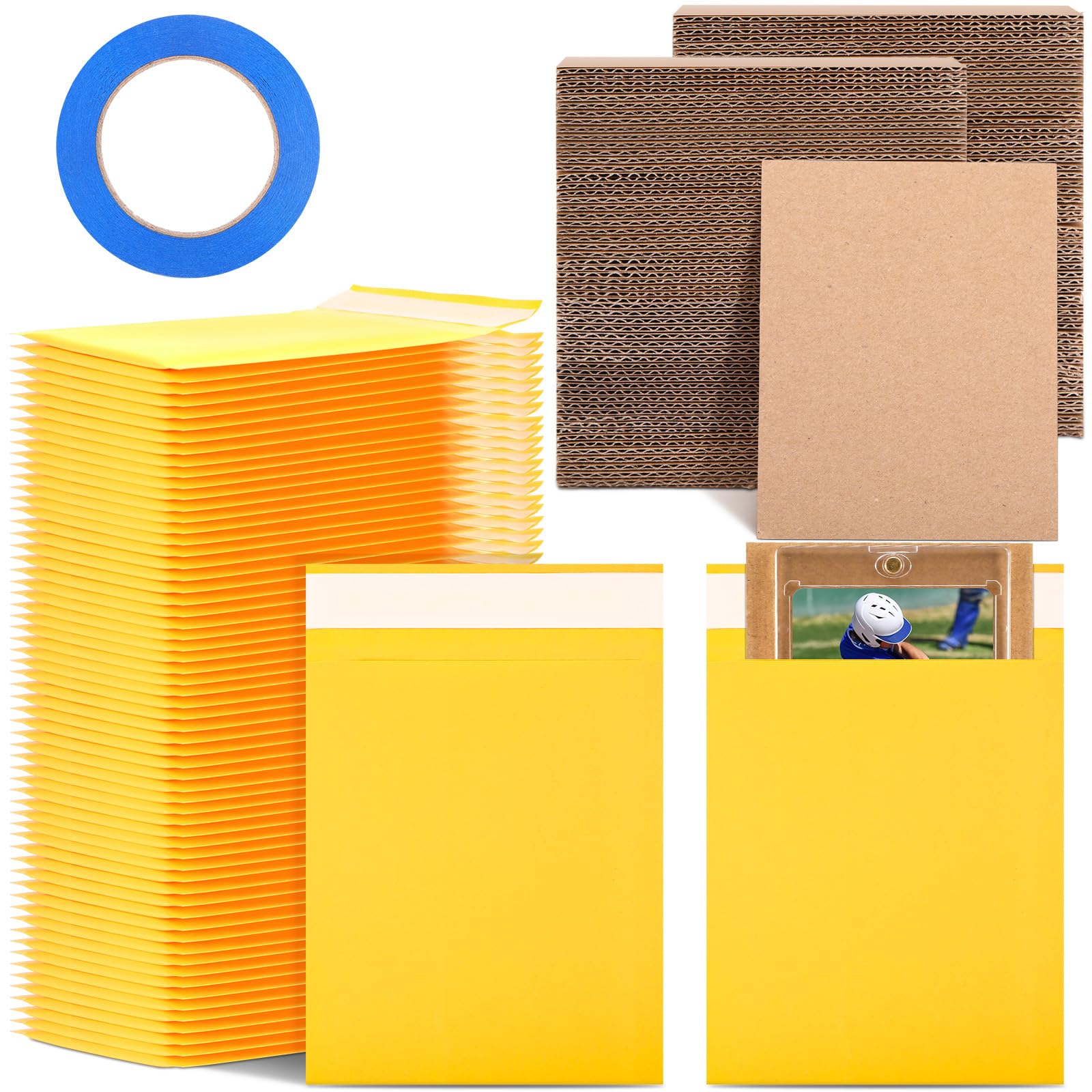 Tatuo 301 Pcs Trading Card Shipping Protector Set Include 200 Corrugated Cardboard Sheets Inserts 100 Poly Bubble Mailers Padded Envelopes and Masking