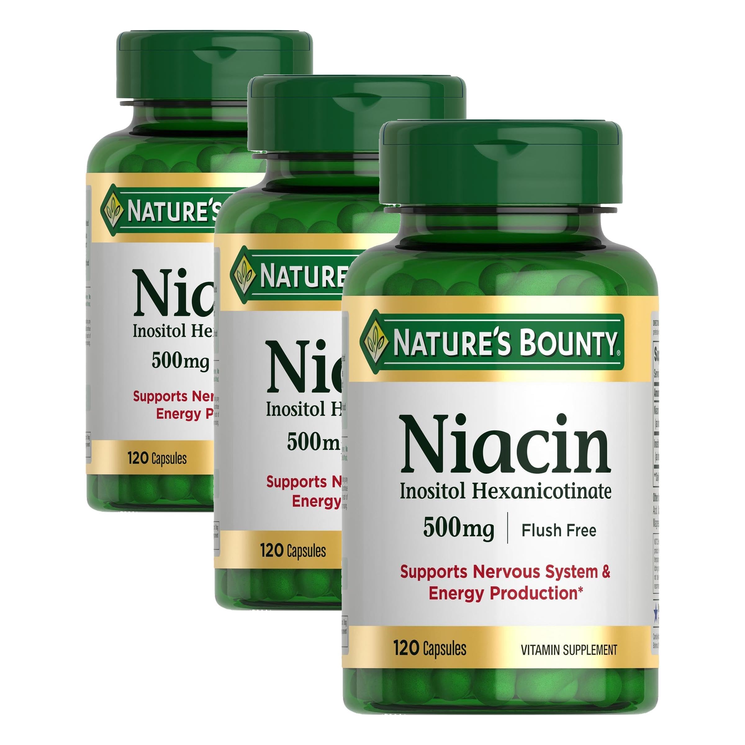 Nature's Bounty Niacin 500mg Flush Free, Cellular Energy Support, Supports Nervous System Health, 120 Capsules (Pack of 3) 120 Count (Pack of 3)