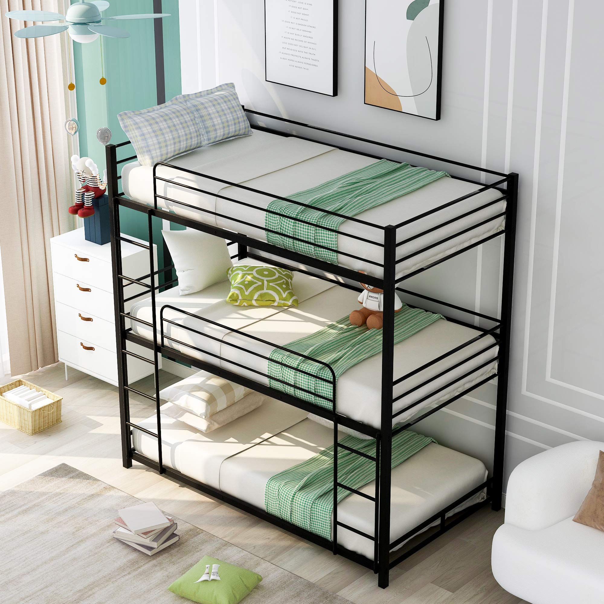 Amazon.com: Harper & Bright Designs Twin-Over-Twin-Over Twin Metal Triple Bunk  Bed, Heavy Duty Low Bunk Bed with Safety Guard Rails and Ladder (Black) :  Home & Kitchen