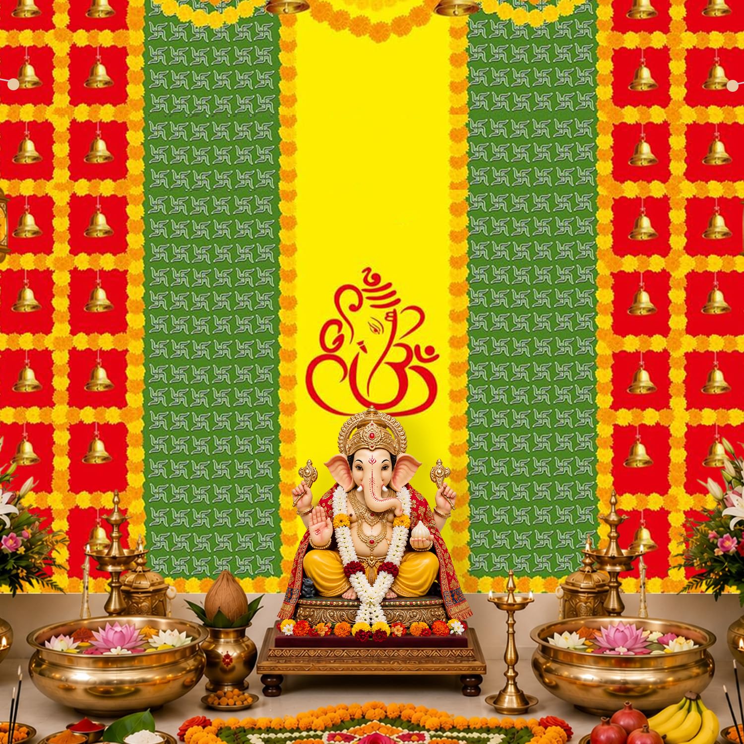 Party Propz Backdrop for Pooja - 1Pc (8ft*5ft) Haldi Decoration Items for Home, Traditional Cloth Banner Set-image-26