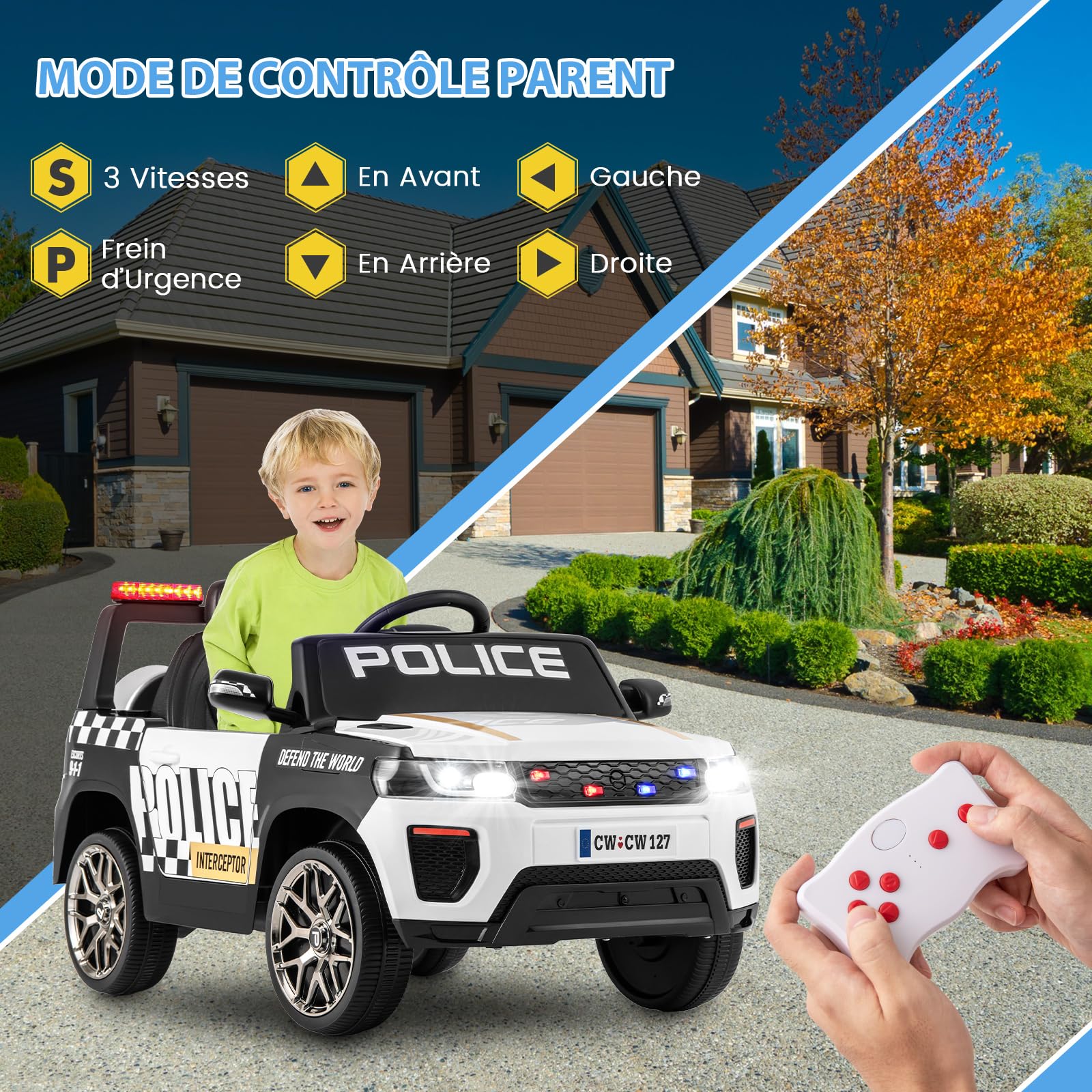 COSTWAY 12V Voiture Électrique Enfant en Forme Police avec Télécommande 2,4G, Véhicule Électrique Enfant 4x4 avec Musique & Lumières LED Clignotantes, 3 Vitesses, Charge 30kg pour 3-8 Ans (Blanc)