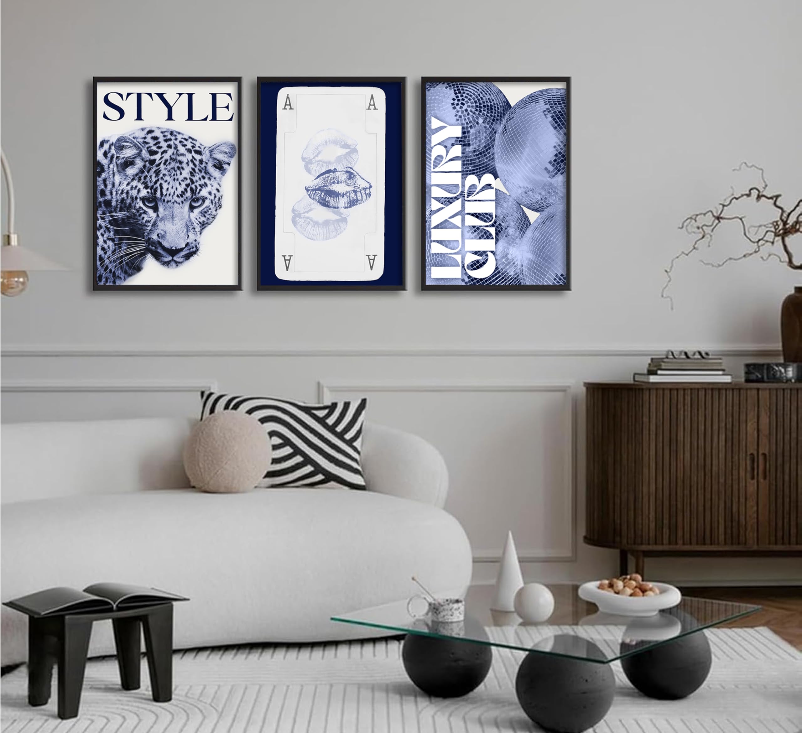 Wandkunst, trendiger Leopardenmuster, flippig, marineblau, adrett, DiscoBall, Leinwanddruck, Retro, ästhetisch, blaue Kusslippen, Kokette, Mädchenzimmer, Dekoration für Schlafsaal, Dekoration