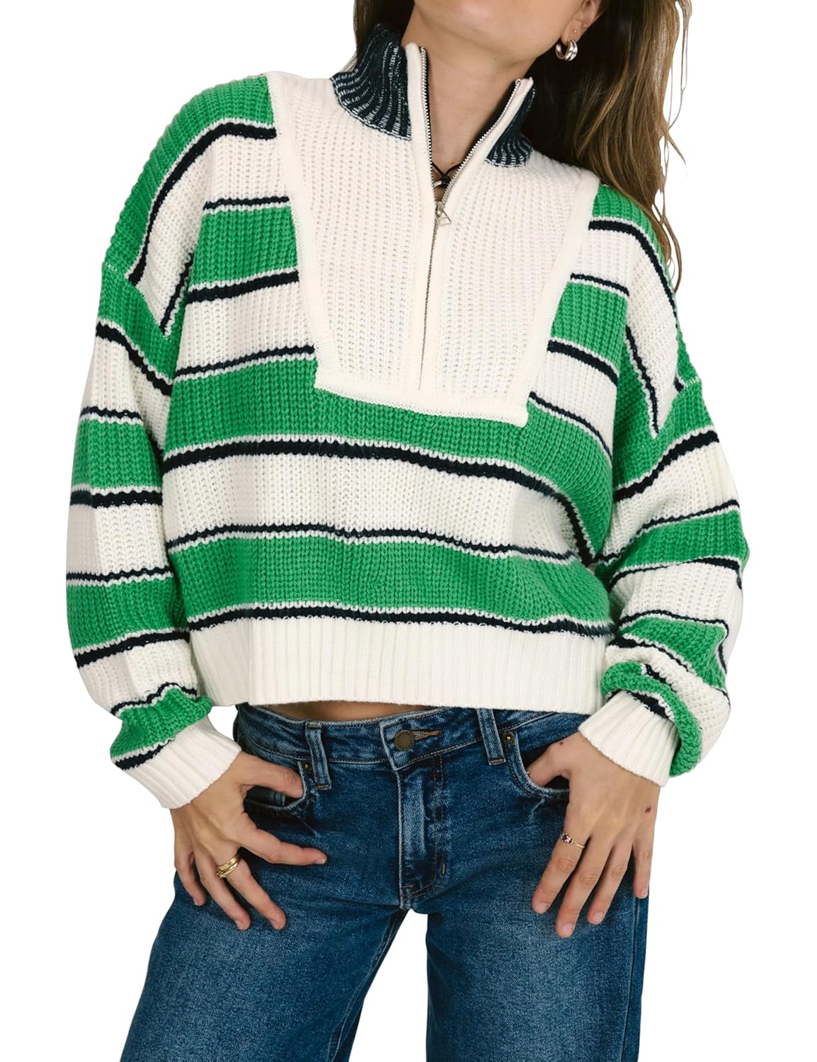 Sweaters for Women Striped Cropped Sweater Ribbed Knit Pullover Comfy Casual Color Block Tops