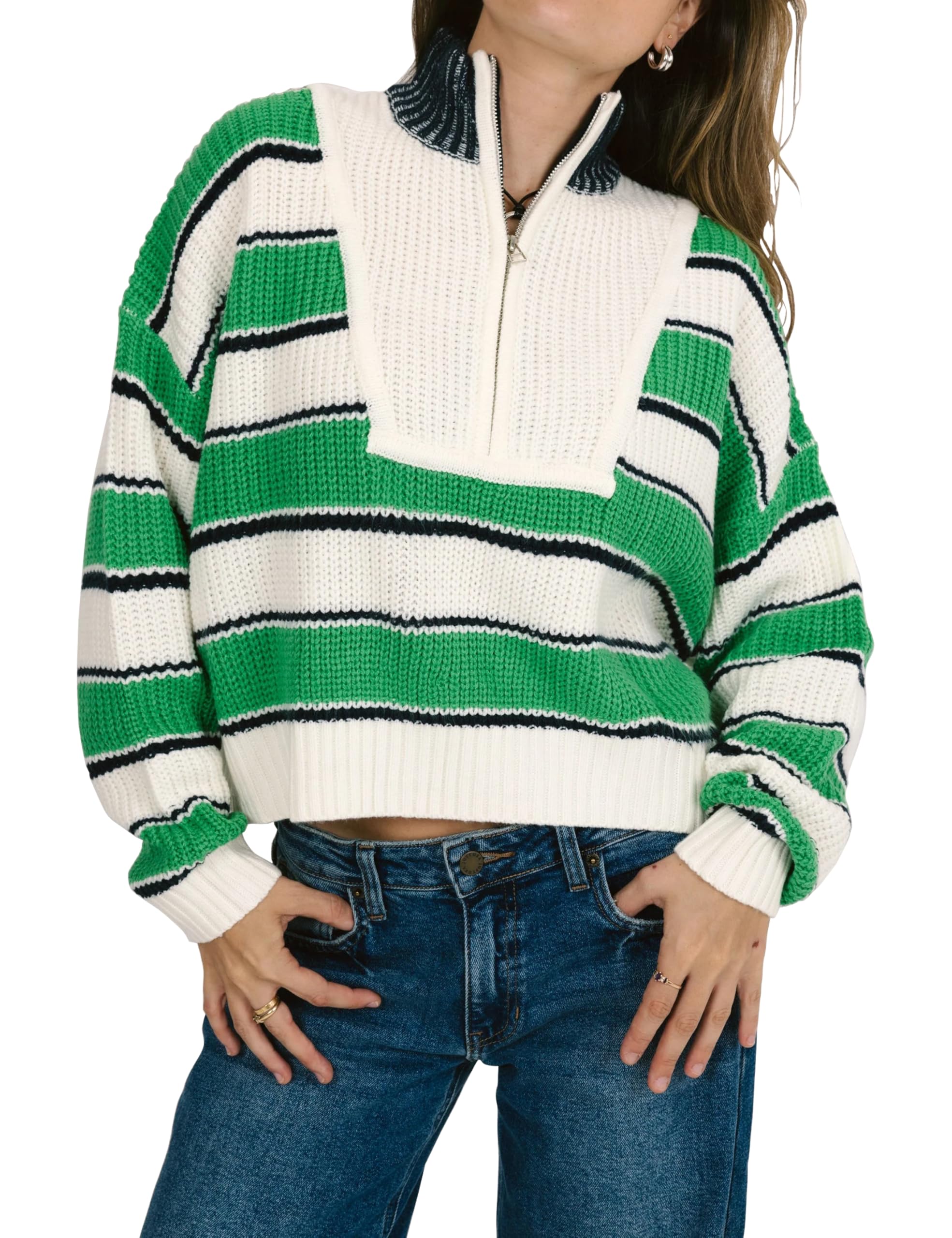 Sweaters for Women Striped Cropped Sweater Ribbed Knit Pullover Comfy Casual Color Block Tops