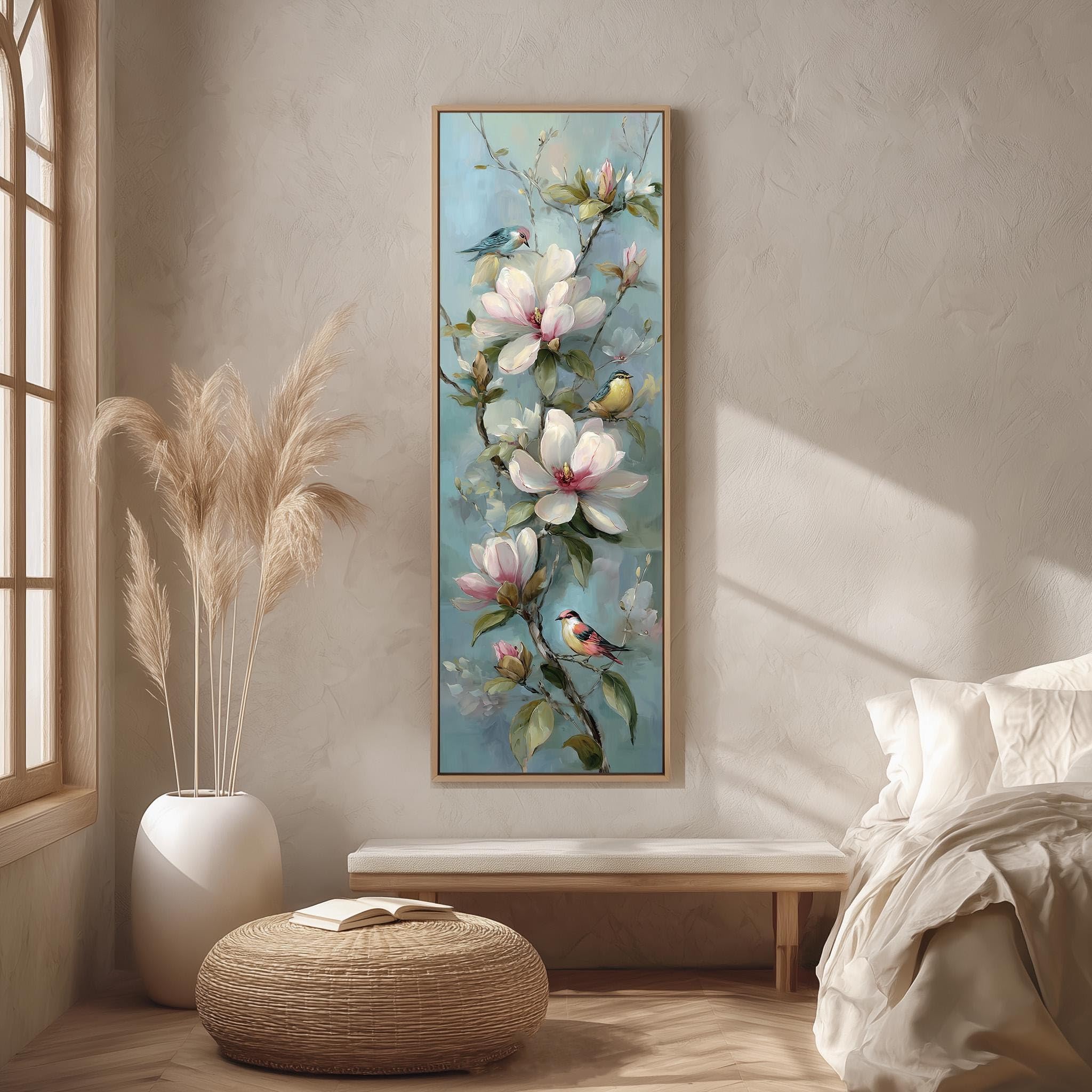 Xbtykpb Frameless Long Vertical Floral Branch Canvas, Tall Narrow Magnolia Painting, Skinny Spring Blossom Art,Botanical, Farmhouse Print(30X90cm/Frameless)