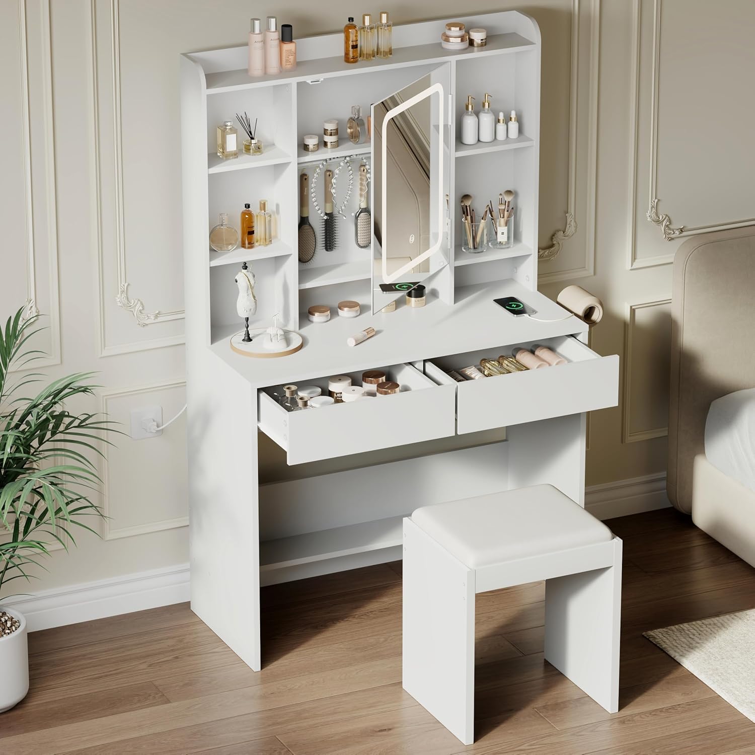 GarveeHome Vanity Desk with Mirror and Lights, for Bedroom, Includes Padded Stool, Easy to Assemble, Storage Drawers, USB Outlets, Hairdryer Holder, Adjustable LED Light with 3 Lighting Modes