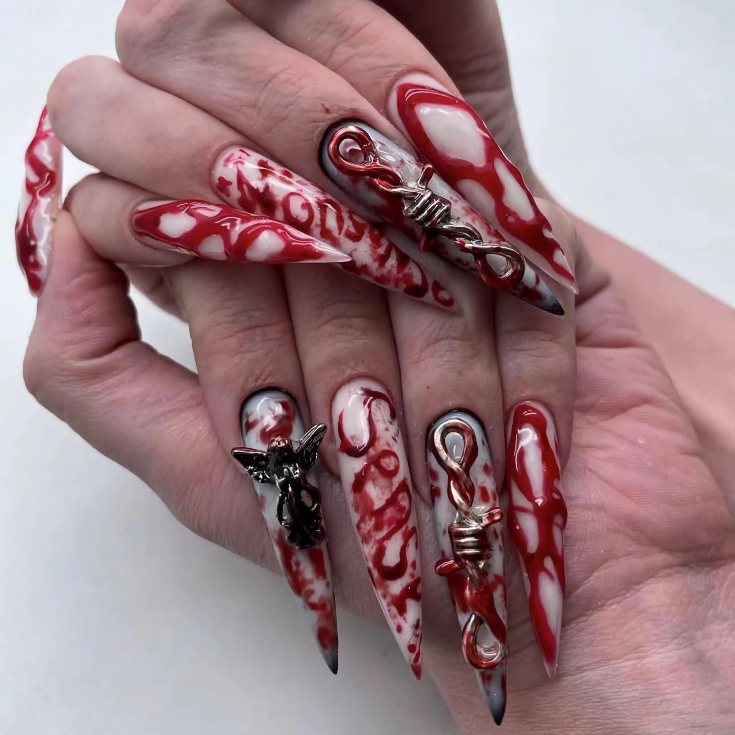 BABALAL Stiletto Fake Nails 24Pcs Luxury Acrylic 3D Metallic Angel Charm Design Punk Gothic Black & Red Halloween Full Cover Handmade Glue on Nails