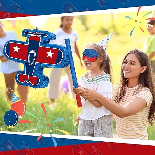 Miniatura 6 de Piñata de avión de 16 x 12 x 3 pulgadas, paquete de piñata de avión con palo para vendar los ojos y confeti para fiesta temática de avión, piñata