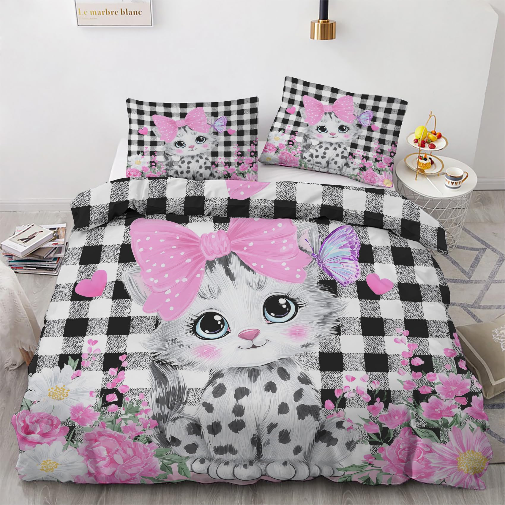 Parure de lit 2 personnes 160x200 avec housse de couette imprimée réversible chaton