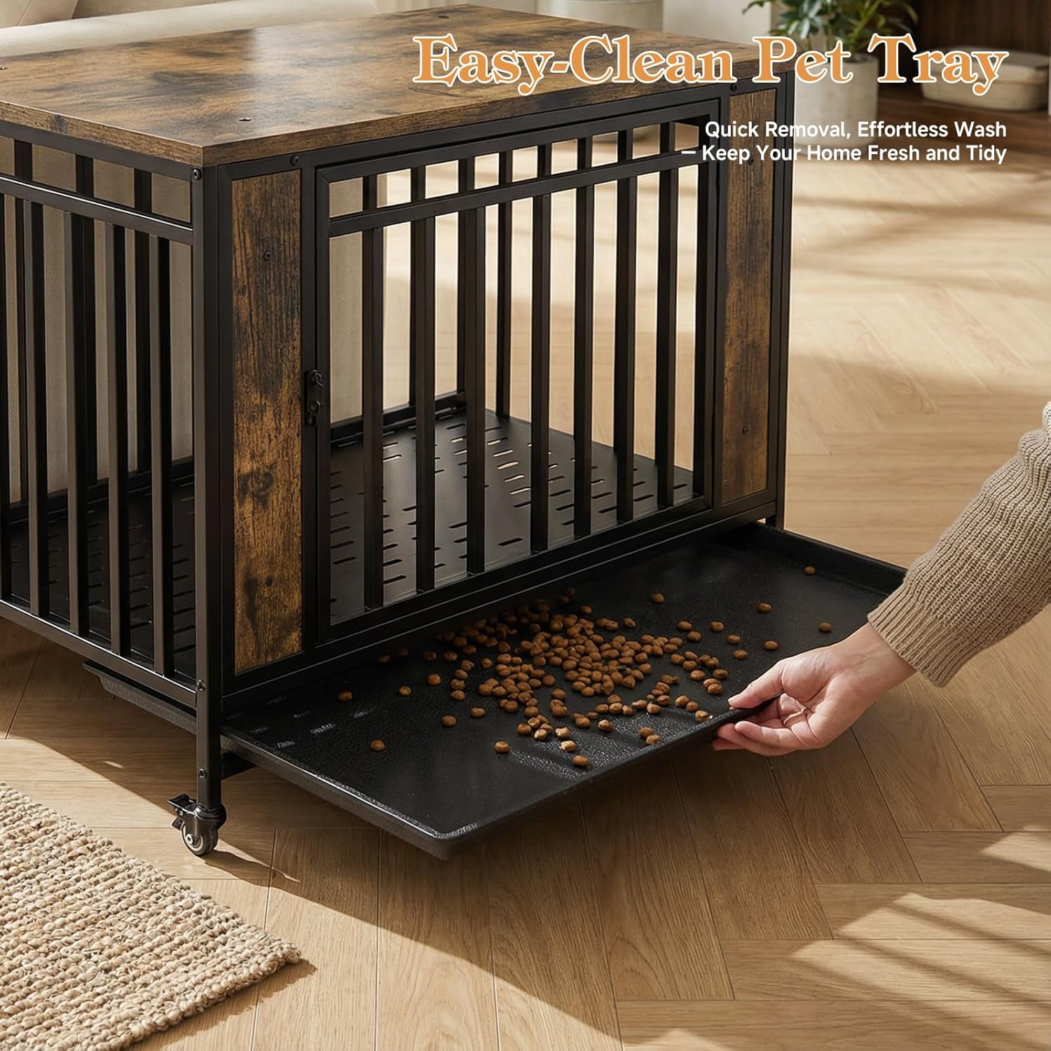 Medium Dog Crate Furniture with Removable Tray & Iron Door, 39" Heavy Duty Indoor Dog House Furniture Side Table with Lockable Wheels, Wooden Pet Kennel Crate for Medium Small Dogs (Black)