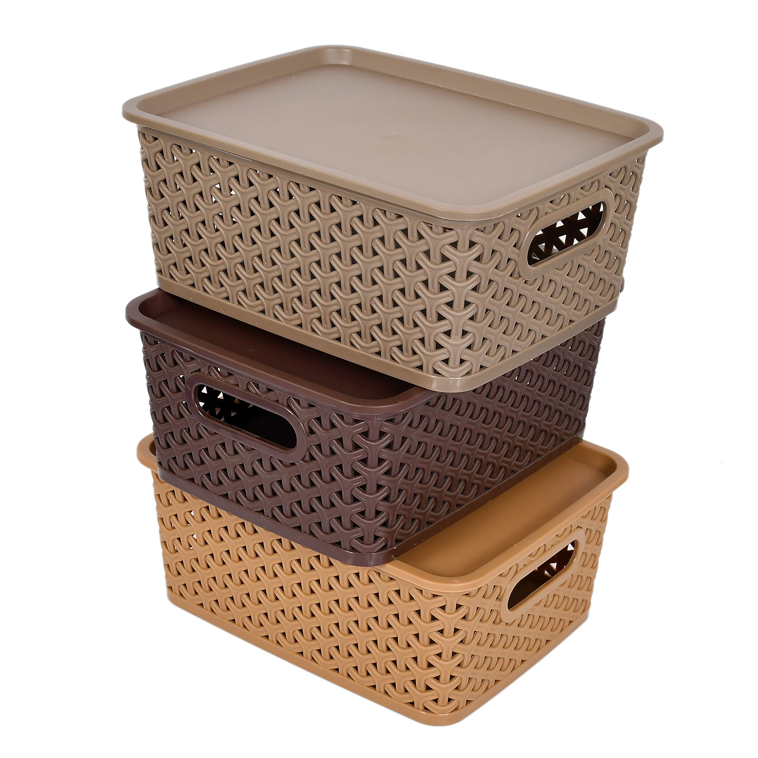 Fun Homes Plastic 3 Pieces Large Size Multipurpose Solitaire Storage Basket with Lid (Multi)