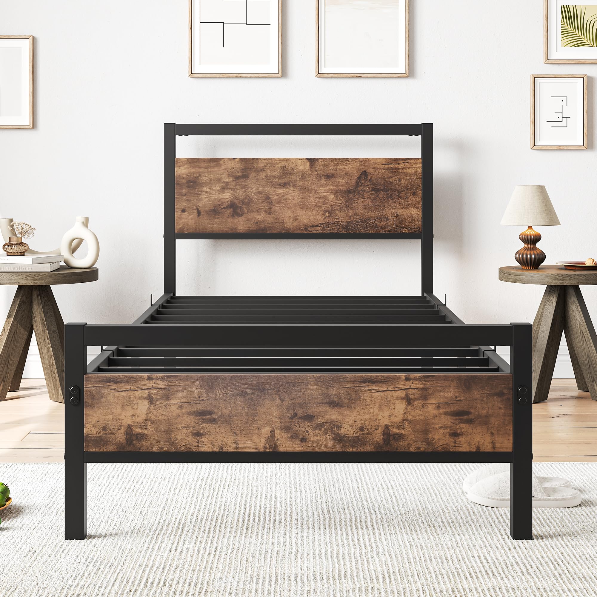 Bett 90x200 Bettrahmen aus Metall Holz Metallbett Einzelbetten Bettgestell Jugendbett 90x200 mit Lattenrost,Metall Bed Frame Braun und Schwarz