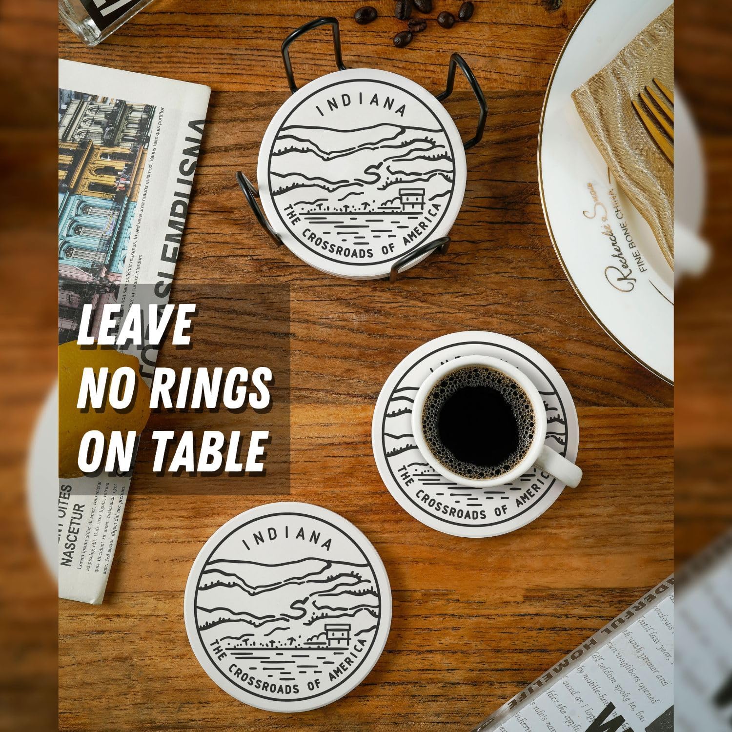 Onebttl Indiana Gifts Coaster Souvenir, Travel Homesick Gifts, Home Decor for Women, Moving, Housewarming, Set of 6, Ceramic, Absorbent with Cork Base - Image 3
