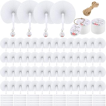 MCEAST 100 Pack White Folding Handheld Paper Fans with Tags, Round Shaped Wedding Paper Fans with Plastic Handle for Wedding Favor Celebration Birthday Party Bag Fillers