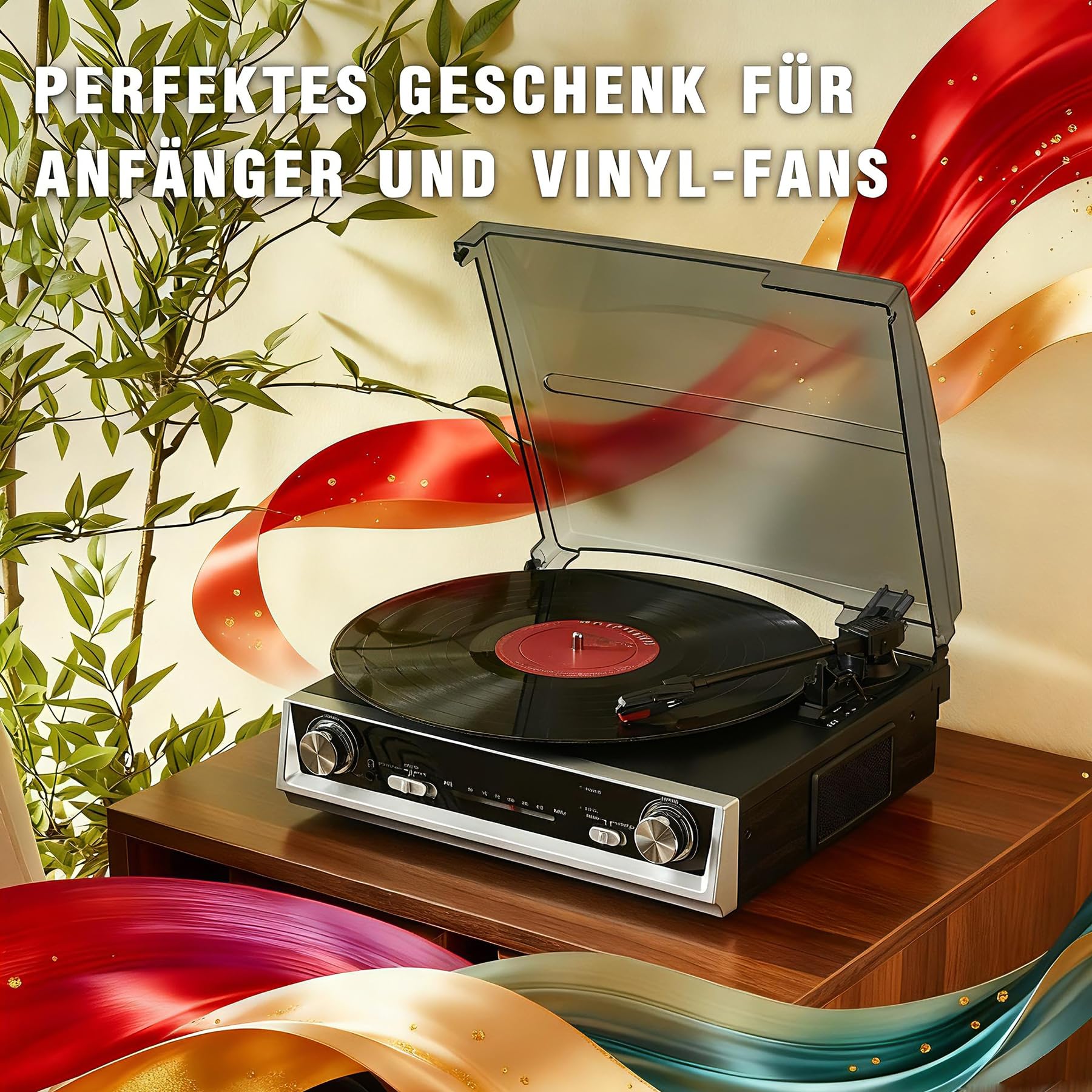 Vintage All-in-One Schallplattenspieler mit eingebauten Lautsprechern, 3-Geschwindigkeiten 33/45/78 U/min, FM-Radio, RCA & Kopfhörer-Ausgang, Schwarzes Holz — Kein Bluetooth