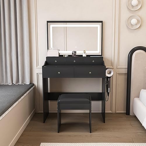 Miniatura 10 de Escritorio de tocador con espejo iluminado y taburete, mesa de maquillaje con espejo deslizante iluminado LED, 3 modelos de color, escritorio de