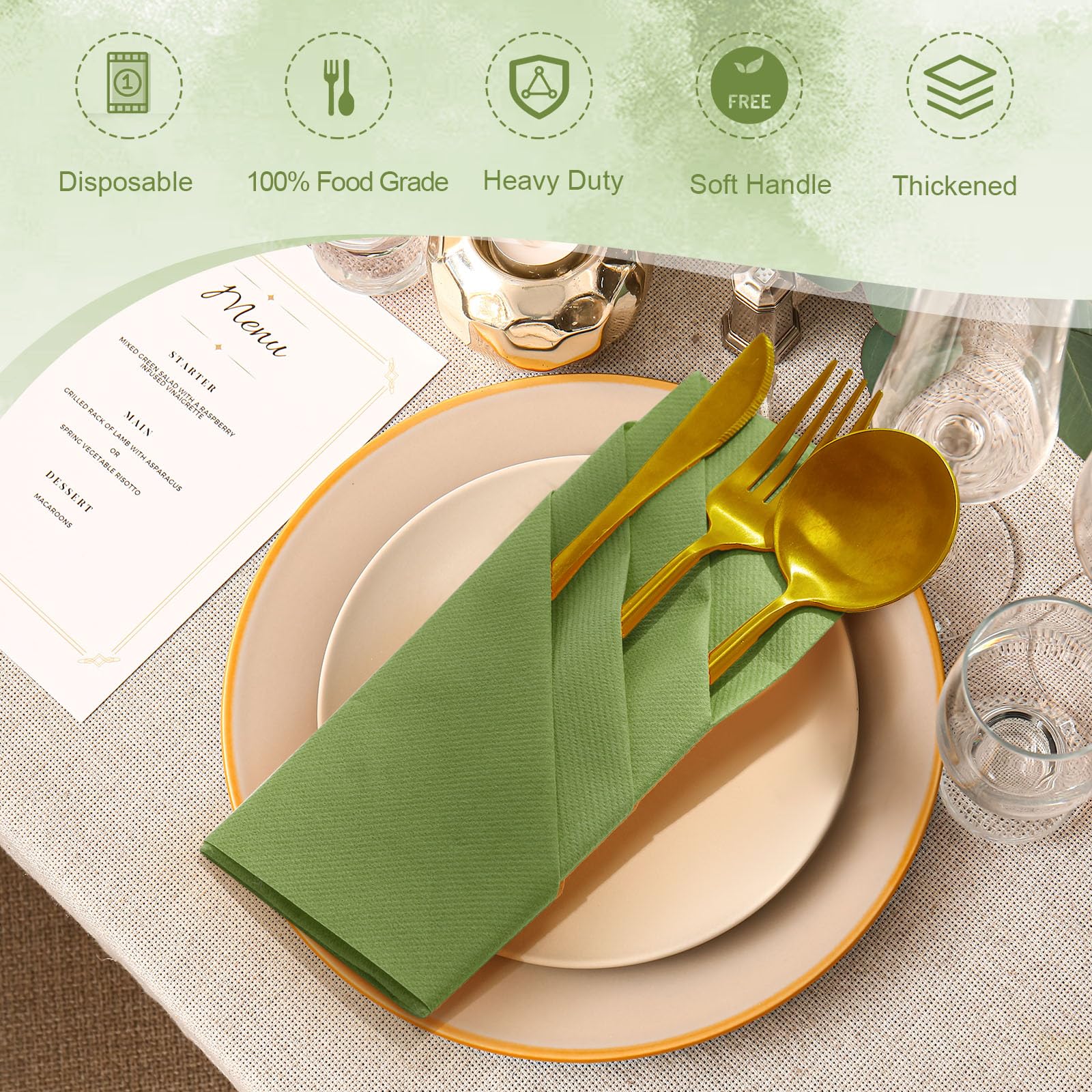 Qilery 50 servilletas de papel de lino, desechables, preplegadas, con bolsillo integrado para cubiertos, San Valentín, boda, fiesta, Navidad, color verde