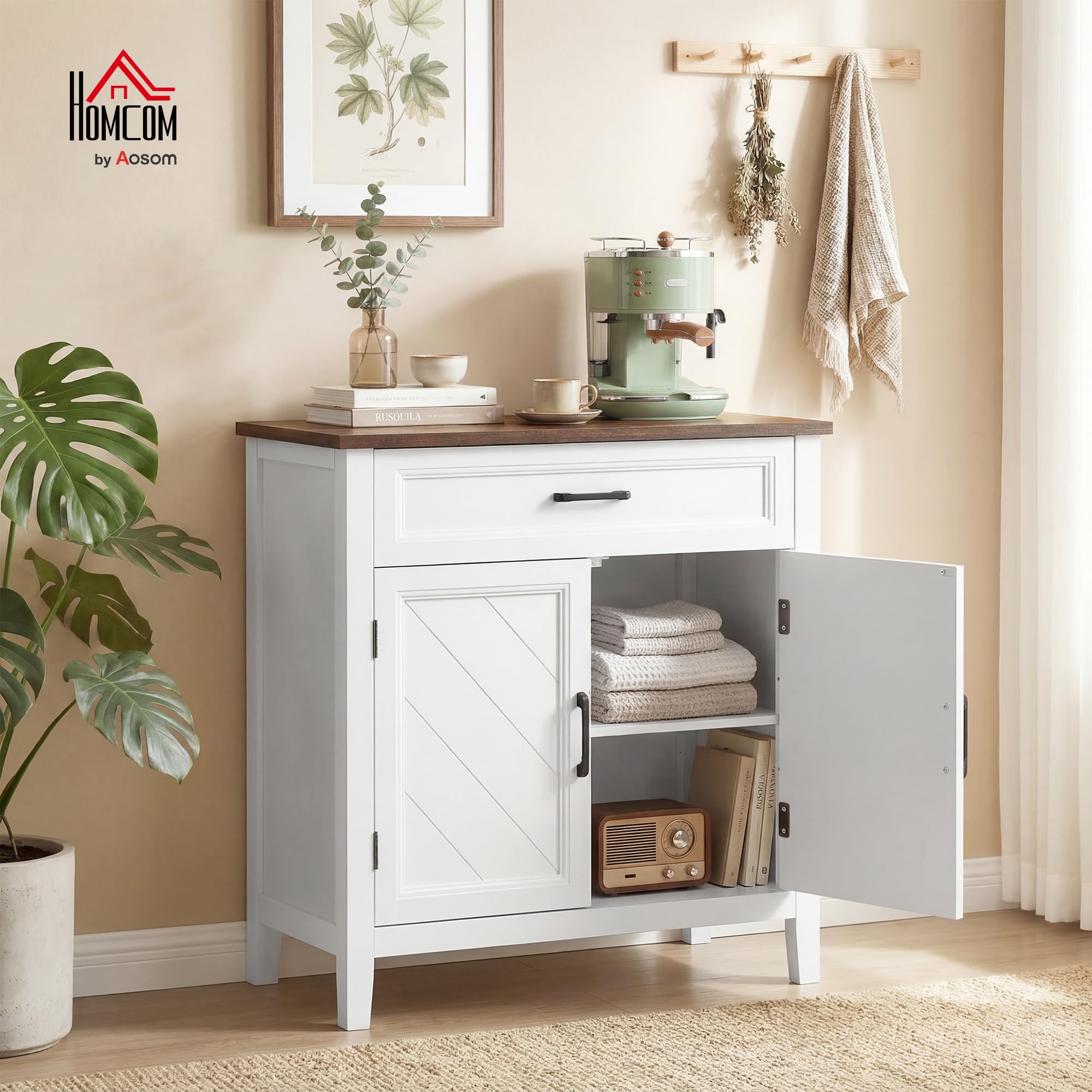 HOMCOM Credenza Cucina, Mobile Cucina con 2 Ante, Ripiano Regolabile e Cassetto, Piano Effetto Legno, Stile Rustico, Credenza Buffet per Soggiorno, Salotto, Sala da Pranzo, 76x35x80 cm, Bianco