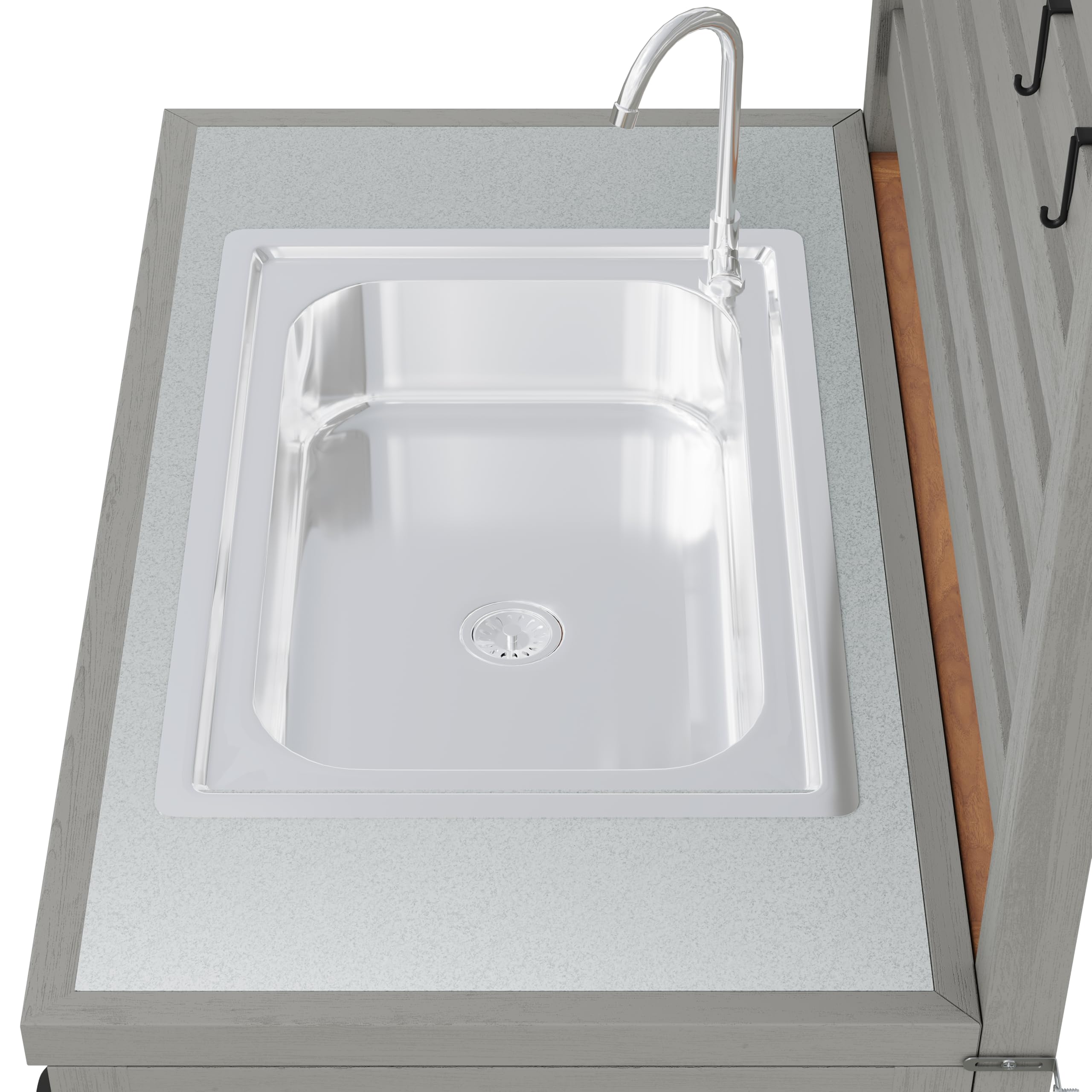 Gartenschrank mit Wasserbecken & Wasserhahn integriertem Flaschenöffner – wetterfester Geräteschrank mit großer Arbeitsfläche & Schublade, Grillstation mit verstellbaren Regalen