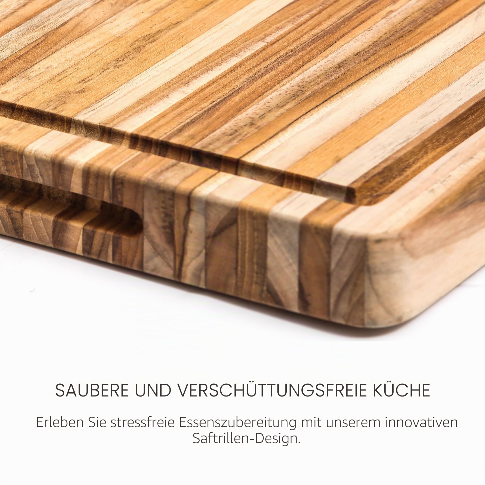 Teakhaus Butcher Block Schneidebrett Holz mit Saftrille extra dick | 52 x 36 x 6,4cm | FSC zertifiziertes, robustes Stirnholz Schneidebrett | Dickes Teak-Holzbrett Küche für glatte saubere Schnitte