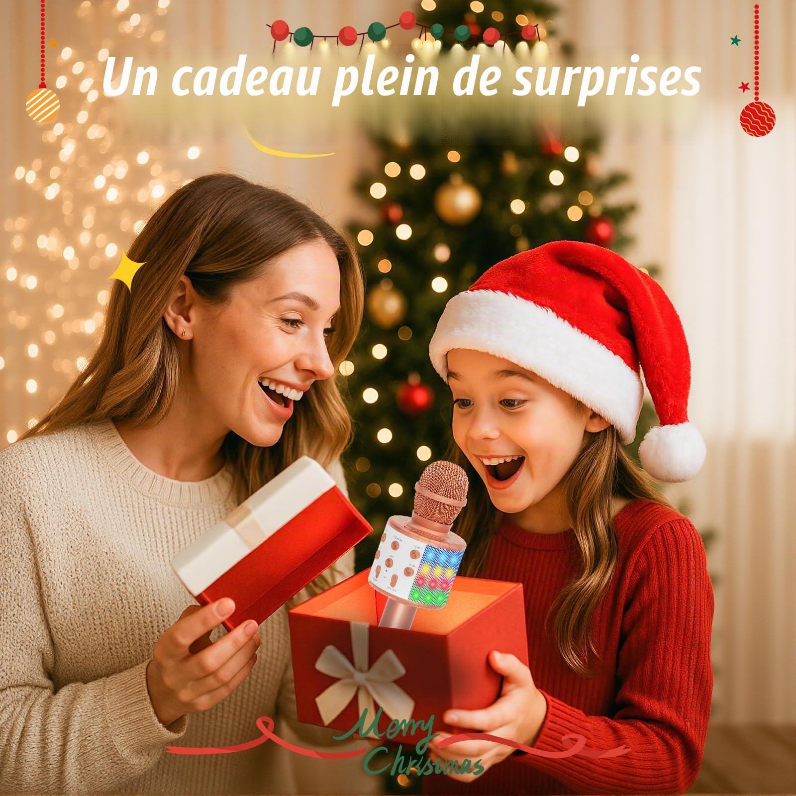 Fede Microphone Karaoké sans Fil Bluetooth avec Lumière LED Multi Couleur, Micro à Main Portable Haut-Parleur pour Enfants/Adultes Chanter, Compatible avec Android/iOS/PC/Smartphone