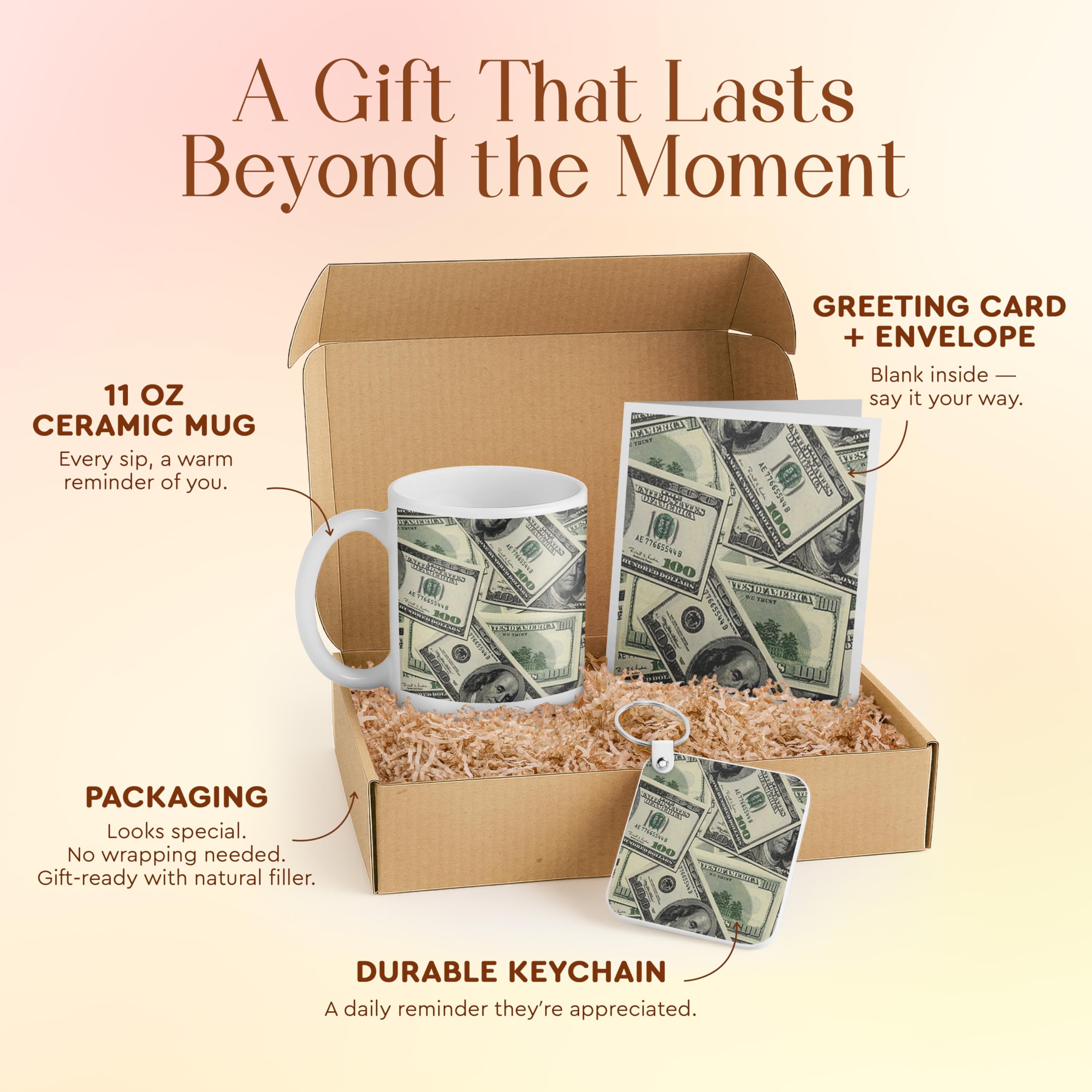 Money Themed Gift Set with Mug, Keychain, and Card - Unique Birthday or Graduation Present for Friends