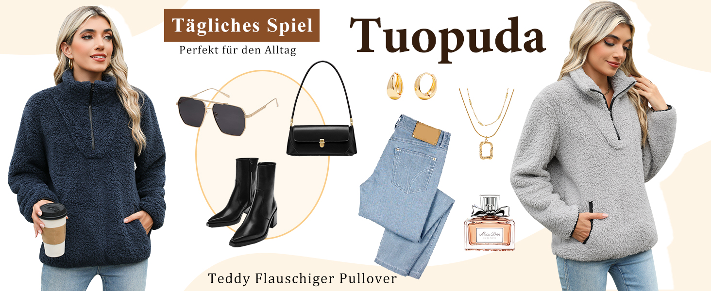 Tuopuda Damen Pullover 1/4 Zip - Flauschiger Fleece Winter Sweatshirt