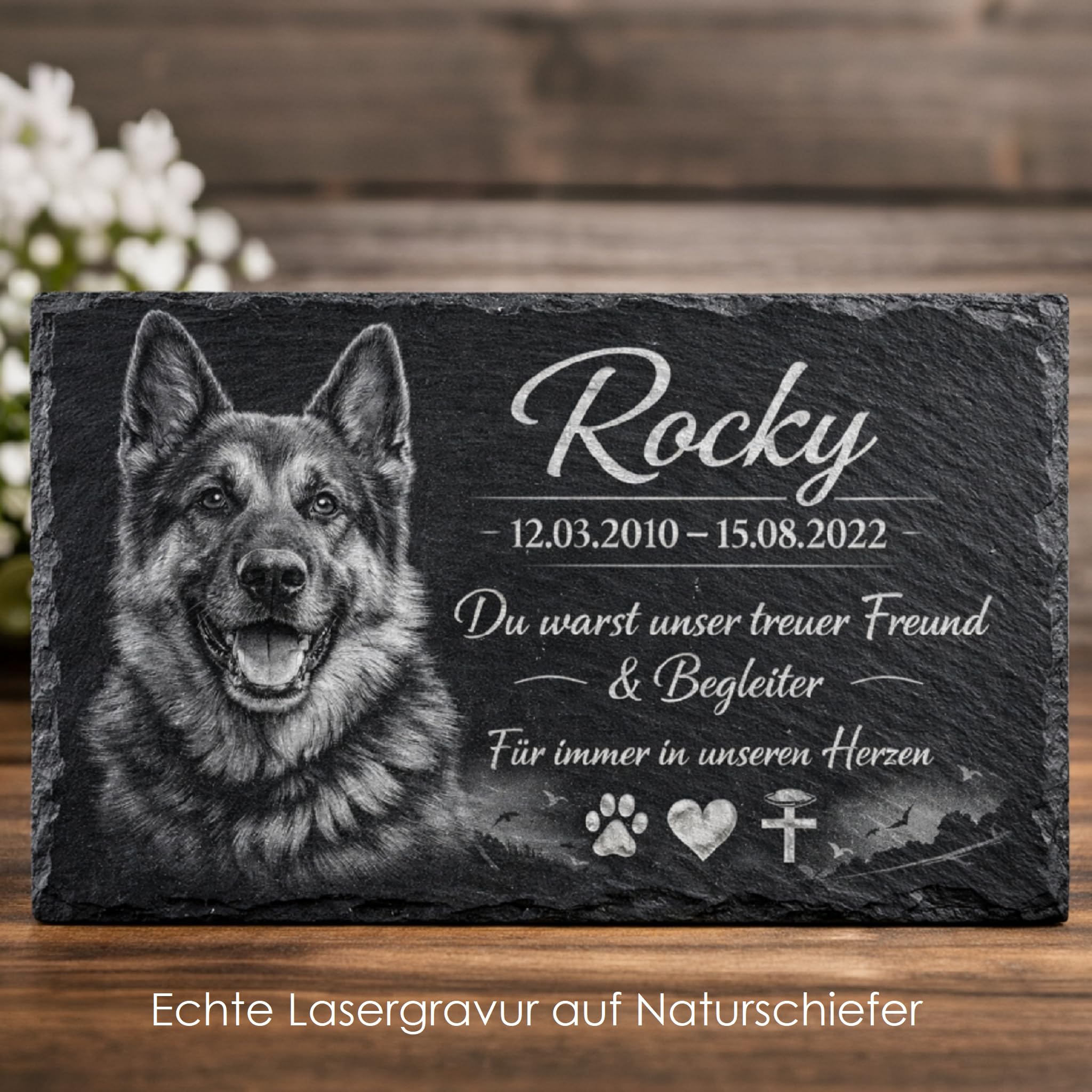 Hundegrabstein aus Schiefer – Personalisierter Grabstein für Hunde mit Foto & Gravur – Wetterfeste Gedenktafel für draußen mit Namen & Wunschtext – inkl. Pfoten-Schlüsselanhänger