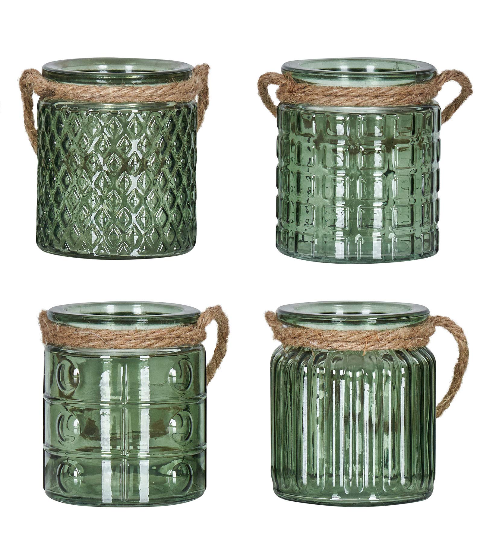 Levandeo Set Di 4 Portacandele Antivento, Altezza 10 Cm, In Vetro Verde, Cachi, Decorazione Da Tavolo, Portacandele In Lino-image