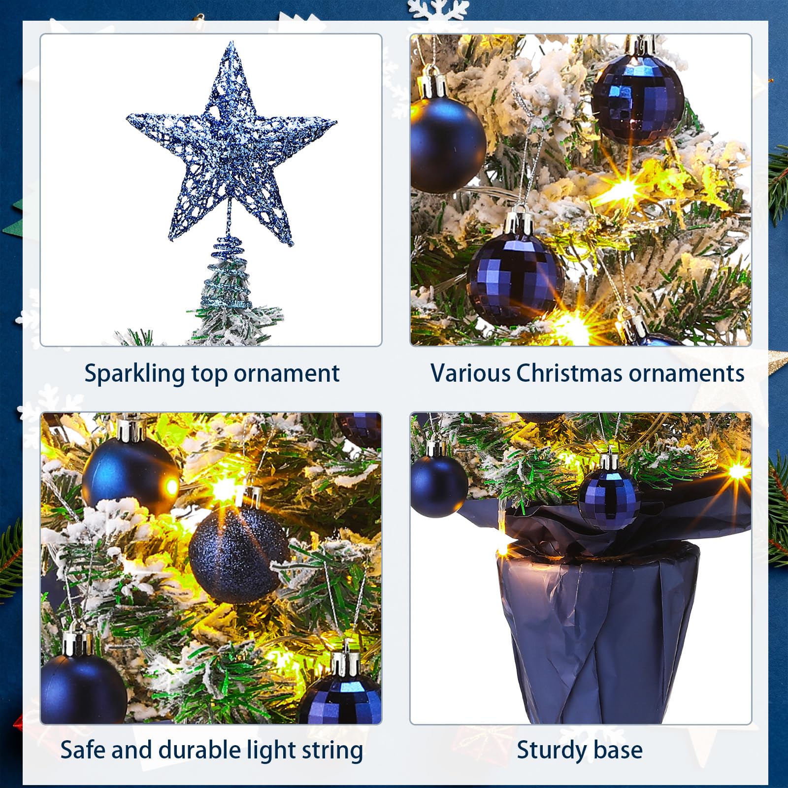 Sumind Mini sapin de Noël de table de 61 cm/0,6 m avec lumières LED, 24 boules de Noël, petit arbre artificiel vert pré-éclairé pour table de Noël, vacances d'intérieur (bleu marine, bleu marine)