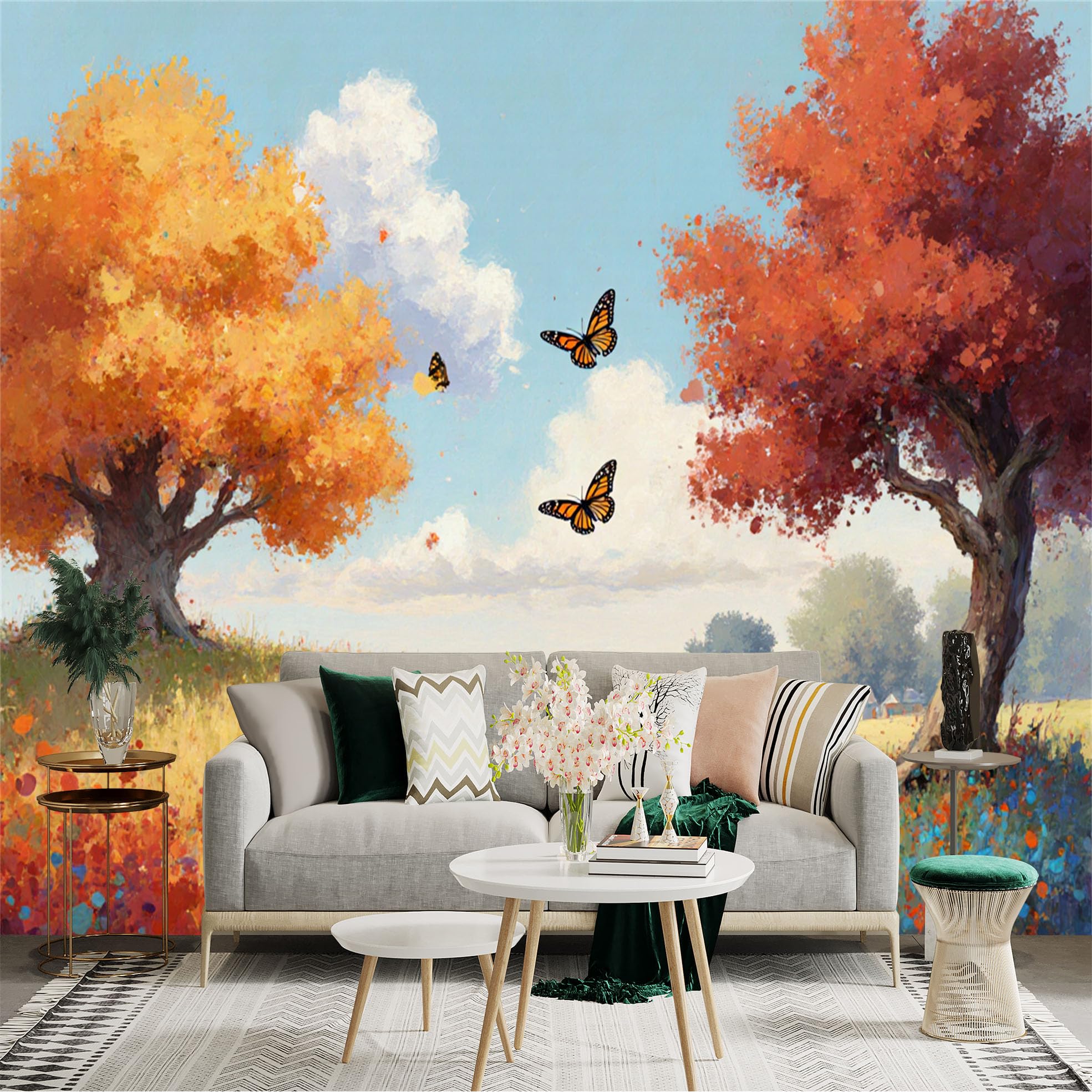 Custom Size Wall Sticker Mural， Autumn Landscape with Vibrant Trees， Flying Butterflies， Golden Meadow， Artistic Painted Scenery， for wall Decoration， peelandstick wall Decals.