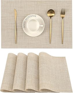 Leetaltree Beige Woven Placemats Set of 4 - Heat Resistant, Washable, Non-Slip PVC Vinyl Table Mats for Dining Table Protection