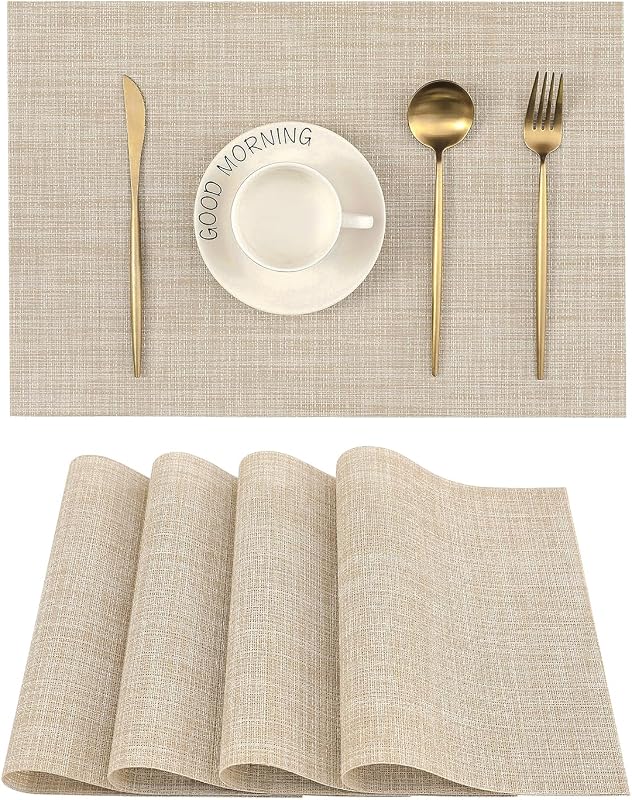 Leetaltree Beige Placemats Set of 4 - Heat-Resistant, Non-Slip Table Mats, Washable Woven Vinyl for Indoor & Outdoor Dining